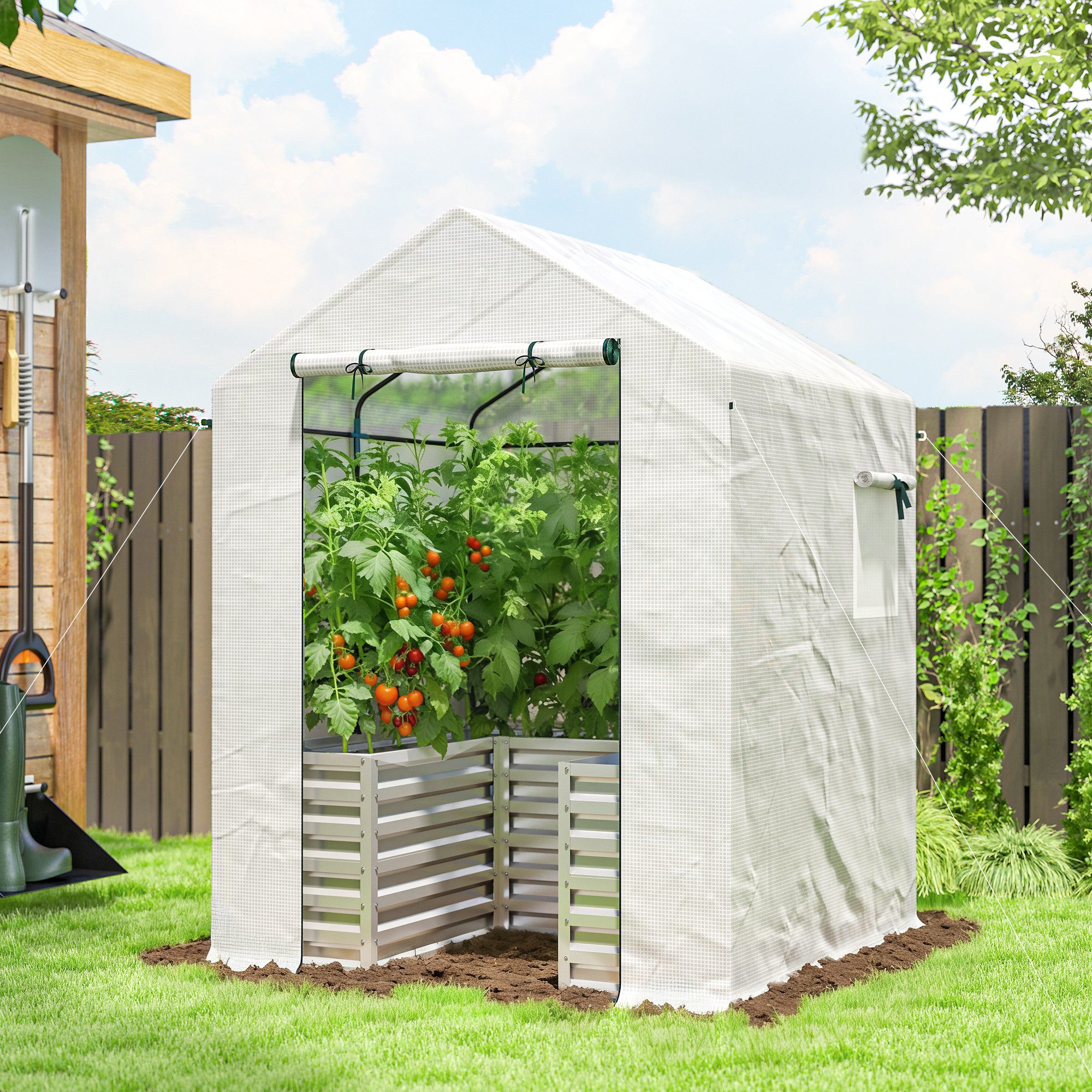 Outsunny Foliengewächshaus mit Hochbeet, Rolltor, Fenster, Schrägdach, BxTxH: 141 x 141 x 190 cm, BxLxH: 141 x 141 x 190 cm, Tomatengewächshaus 2-St., Treibhaus, für Garten, Balkon, Terrasse Weiß