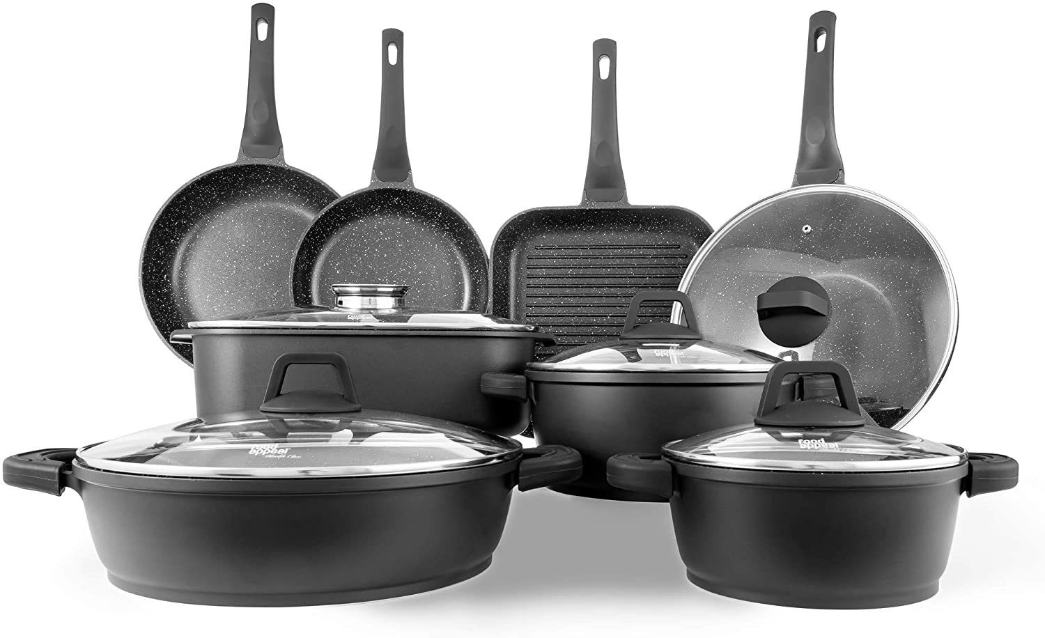 food appeal Topf-Set Black Marble, Aluminium (13-tlg), food appeal Marble Class Set 13 Stück Küchentöpfe und Küchenpfannen Se