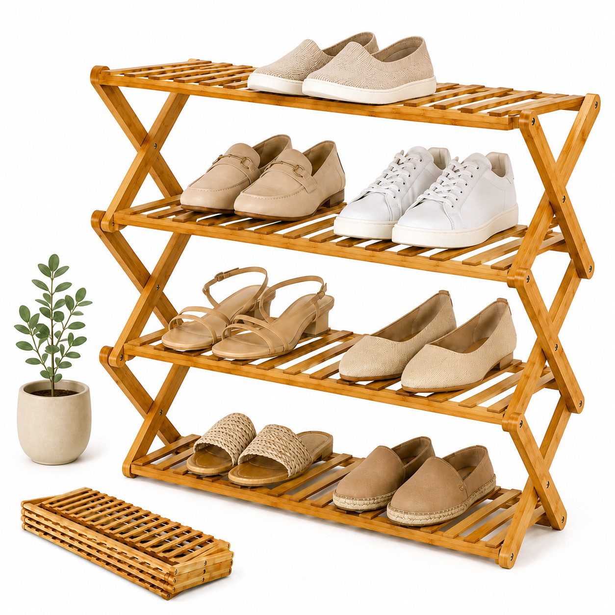 Felino Schuhregal Schuhablage Organizer aus Bambus Holz offen Schuhorganizer 70 cm lang, 1-tlg., Klappbar