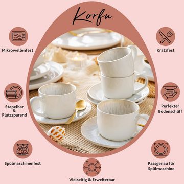 SÄNGER Kaffeeservice Korfu Kaffeetassen Set (8-tlg), 4 Personen, Steingut, Creme Farben mit Sandiger Maserung, 160 ml, Handmade