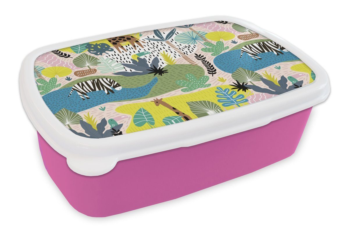 Farben, Brotbox MuchoWow für Snackbox, (2-tlg), Brotdose Lunchbox Erwachsene, Dschungel - rosa Kunststoff, Kinder, Kunststoff Mädchen, Natur -