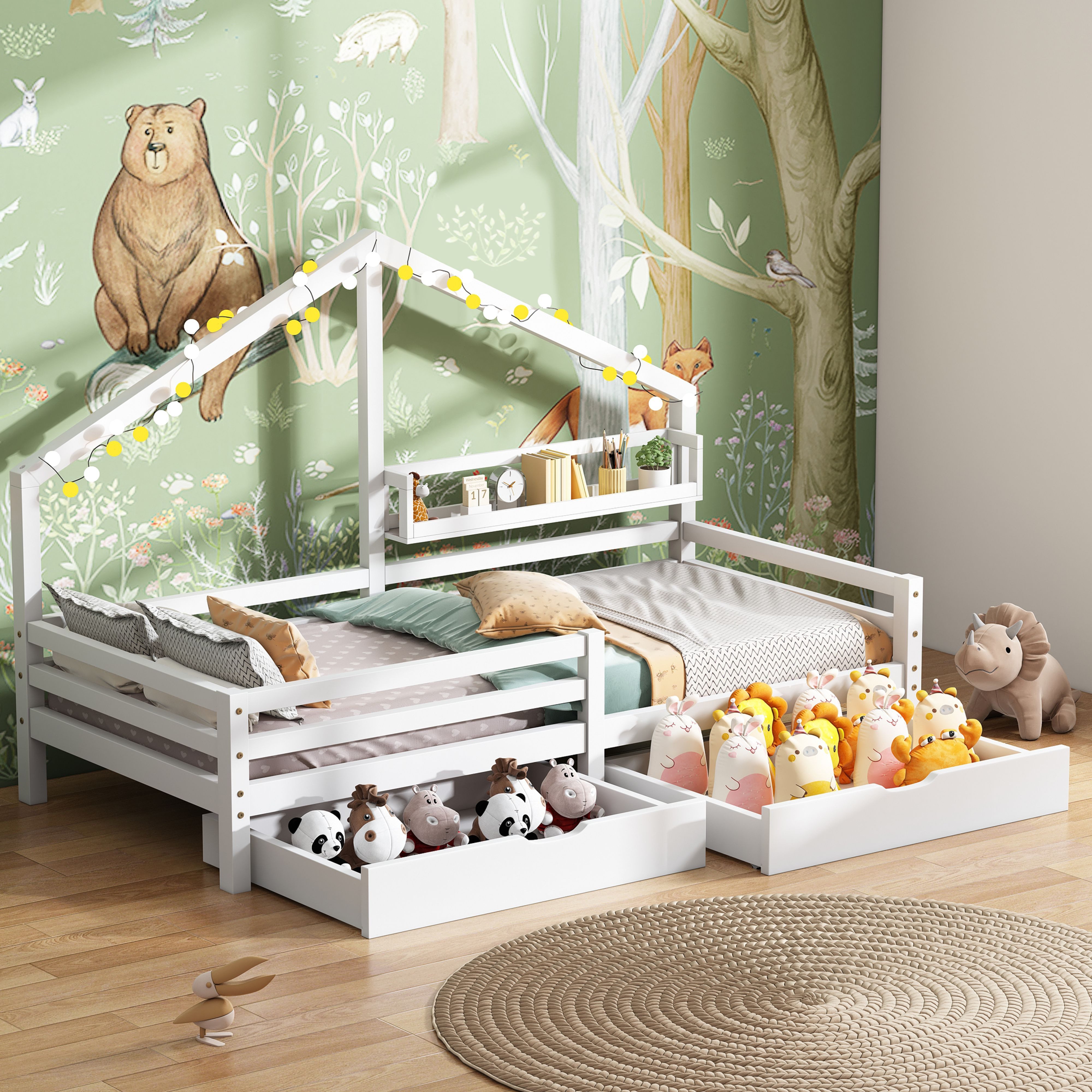 BlingBin Kinderbett Hausbett, Kinderbett, Jugendbett, Einzelbett (Bettgestell mit mit Ablageregal und Zwei Großen Schubladen, 1-tlg., 90*200 cm, Ohne Matratze, Gewichtskapazität: 120KG), Ideal für Kinderzimmer, Schlafzimmer, Kiefer, Weiß