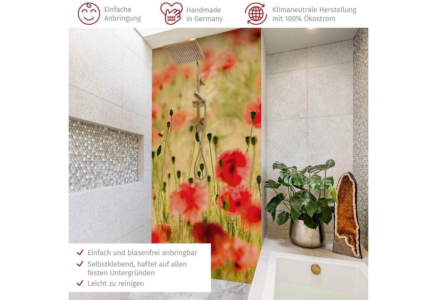 Thumbnail - Bilderdepot24 Badrückwand Blumen grün Duschrückwand ohne Bohren Dusche, (1-tlg., Hart-Folie Smart matt 0,35 mm), fugenlo...