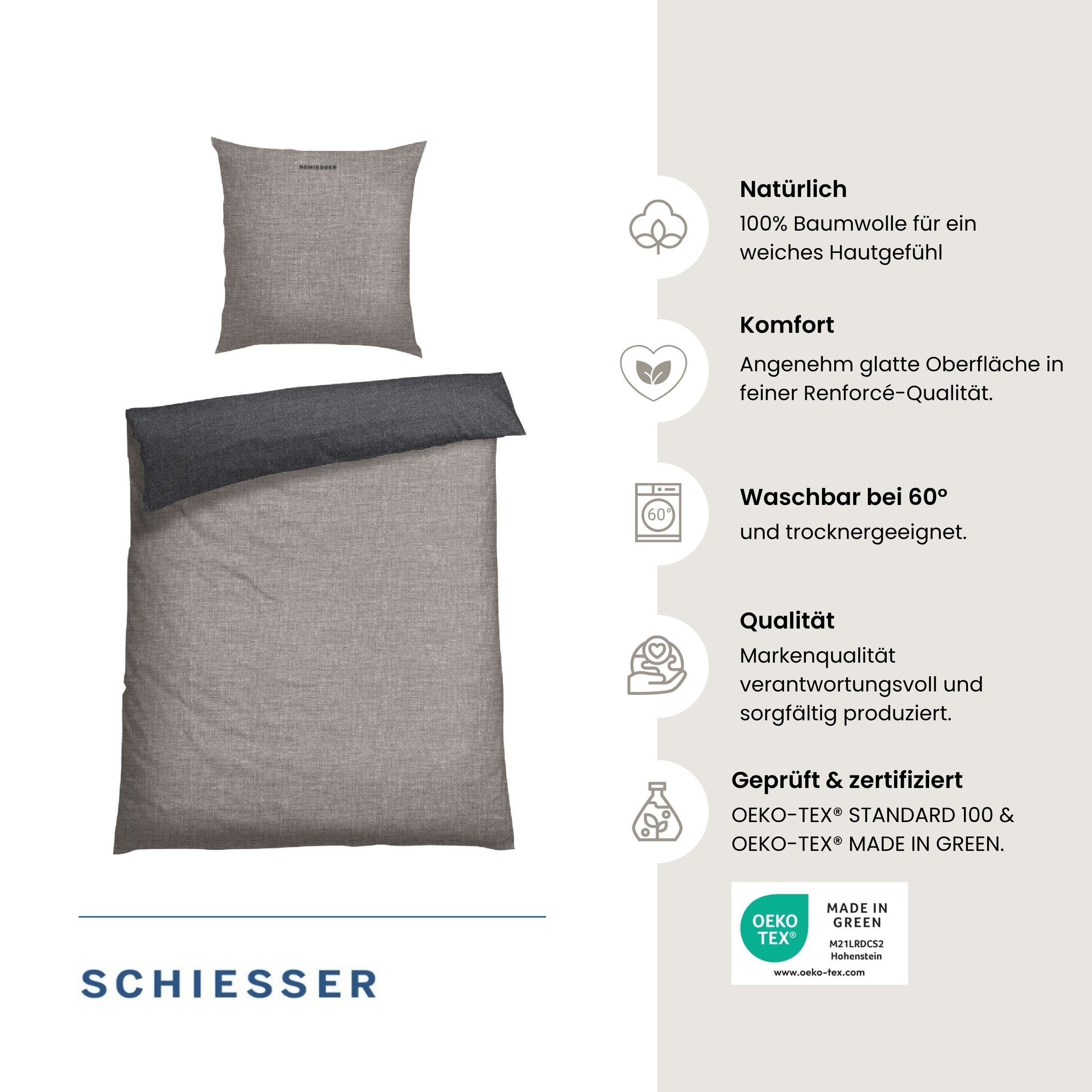 Schiesser Wendebettwäsche Doubleface aus weicher Baumwolle mit edlem Melangeeffekt, Renforcé, 2 teilig, ab Größe 135x200 cm erhältlich, OEKO-TEX® MADE IN GREEN – Bild 2 von 5