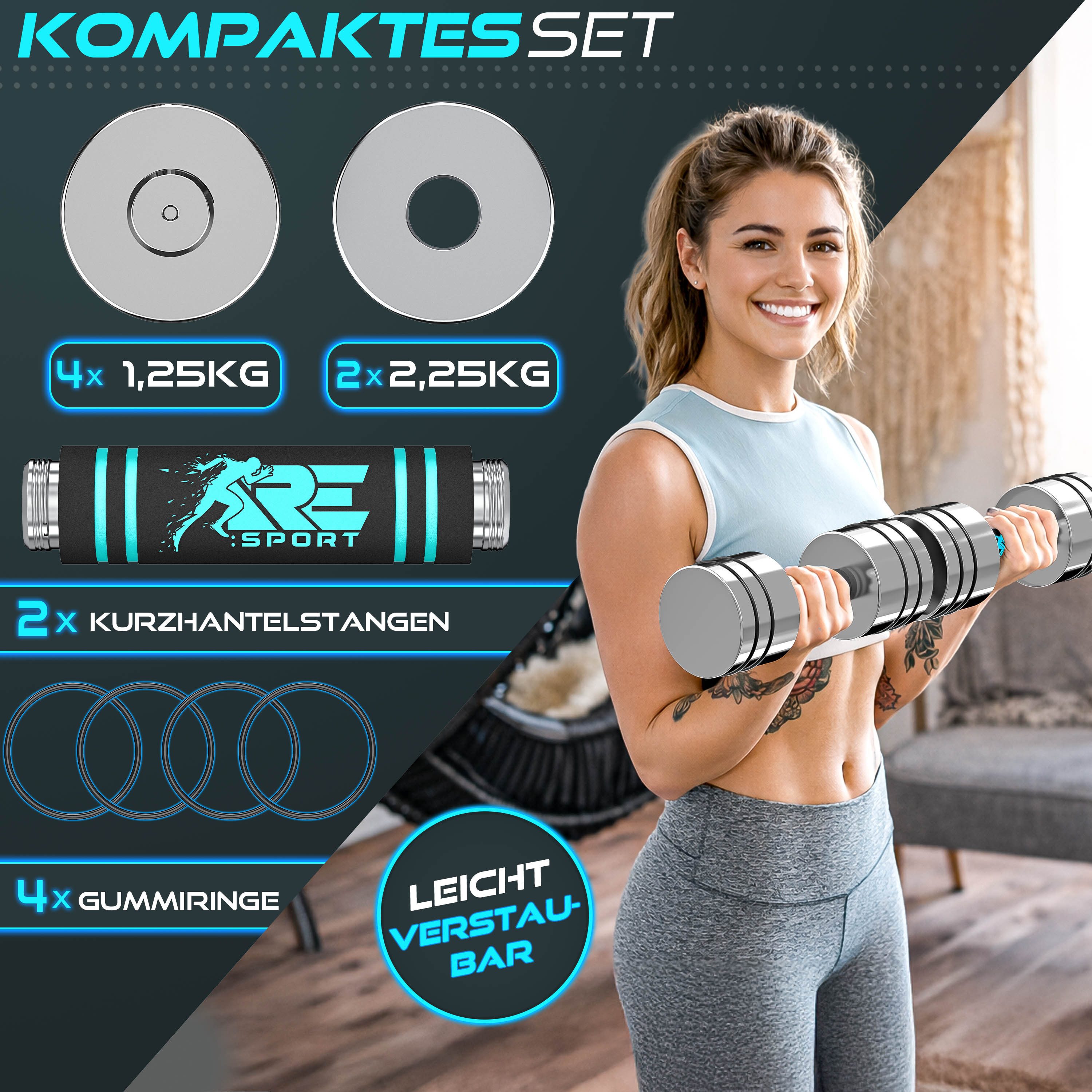 RE:SPORT Gartentisch RE:SPORT® 2er Hanteln Set aus massivem Stahl 2,5/5/7,5/10 kg, Hantel (Kurzhanteln Home Gym, Krafttraining & Muskelaufbau, Fitness Kurzhante – Bild 4 von 5