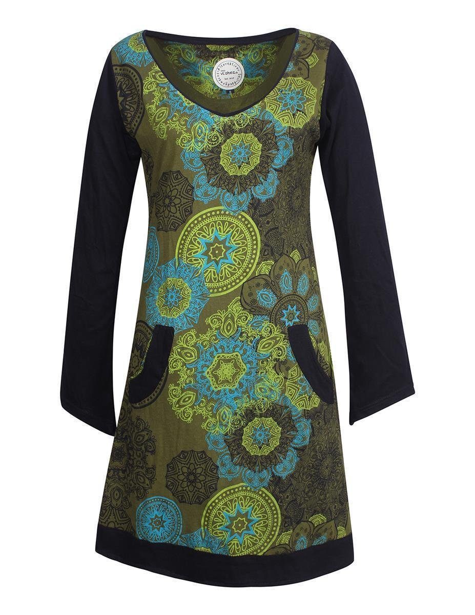 Vishes Jerseykleid Langarm Lagen-Look Kleid Mandalas V-Ausschnitt Long Shirt, Hippie-Kleid olive
