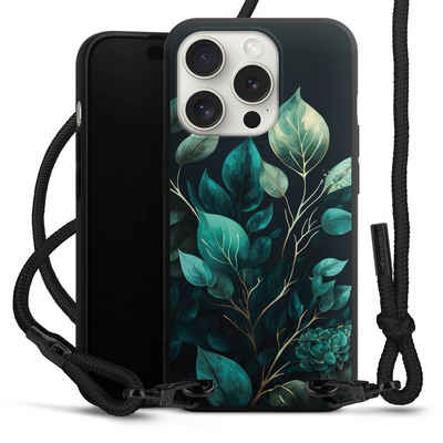 DeinDesign Handyhülle Eukalyptus Blätter schwarz Eucalyptus Dark Background, Apple iPhone 15 Pro Premium Handykette Hülle mit Band Cover mit Kette