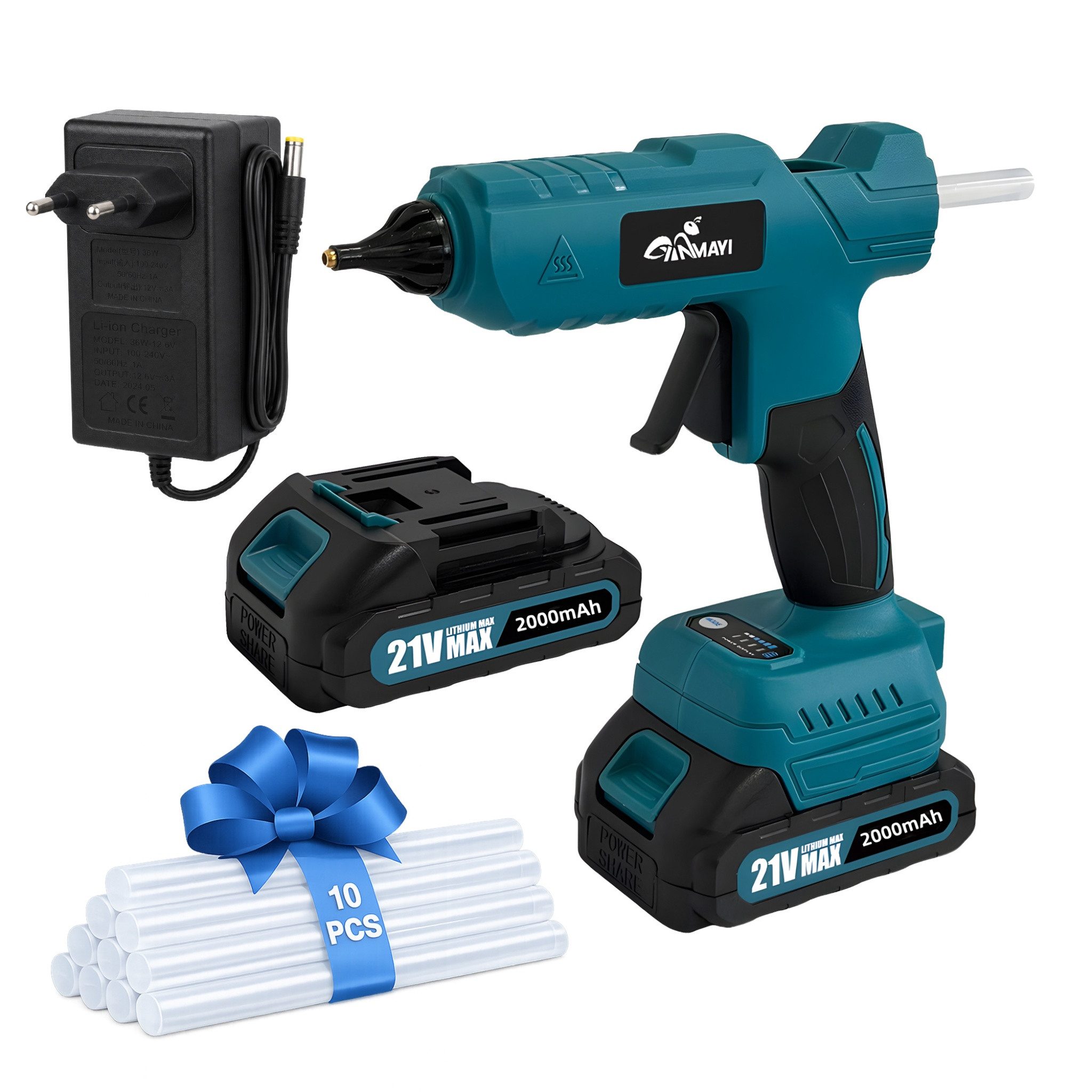Blossom Heißklebepistole 21V Akku Heißklebepistole kabellos mit 2000mAh Lithium-Akku für DIY, (präziser Messingdüse), schnelle Aufheizung, Anti-Tropf Heißkleber Pistole für Holz, Reparatur