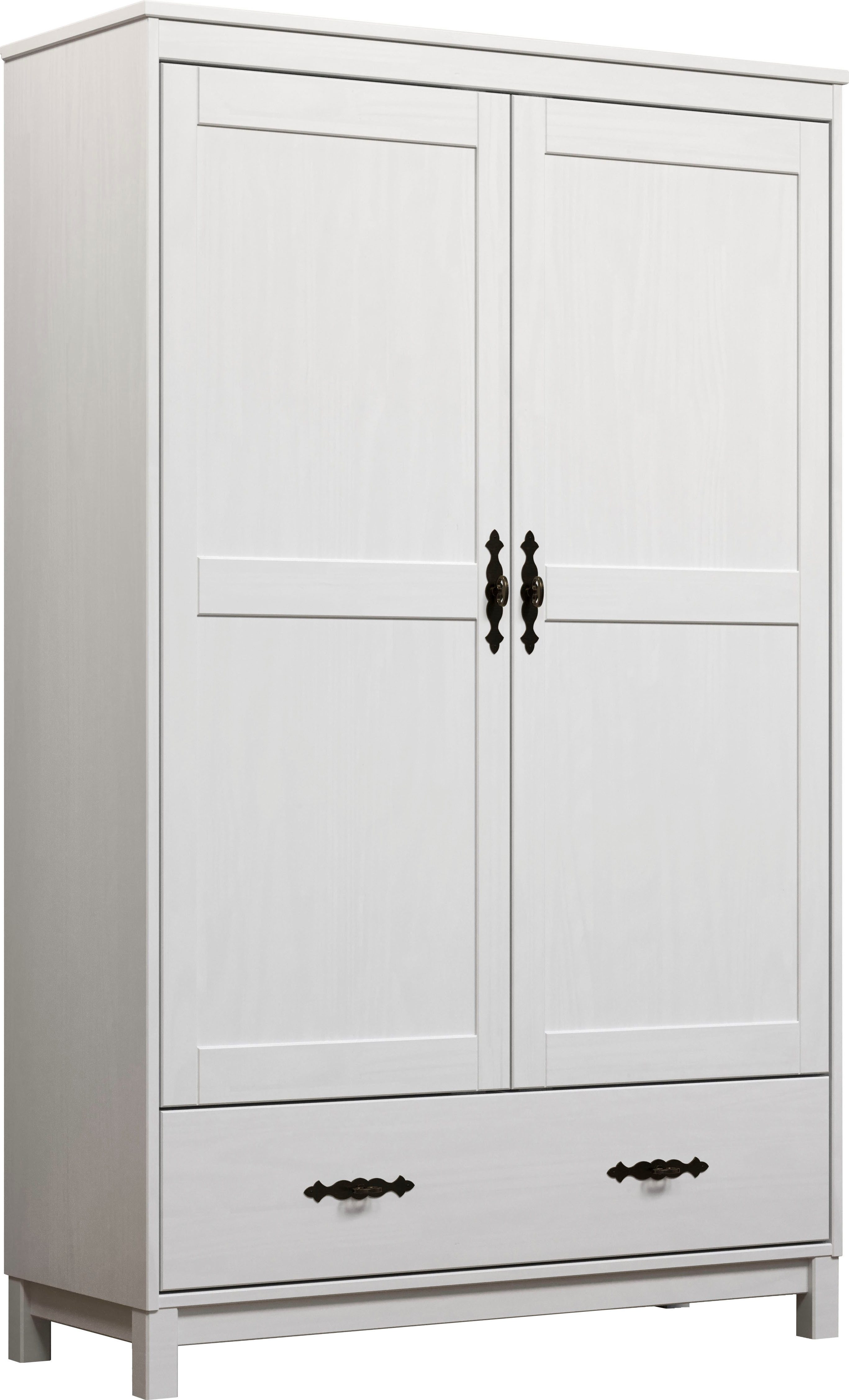 Home affaire Kleiderschrank Sandnes Kieferschrank Schlafzimmer Schrank TOPSELLER weiß (1-St., natürlicher Landhaus-Look B/T/H: 96x38x155cm) Drehtürenschrank aus Massivholz mit Metallgriffen und Schublade