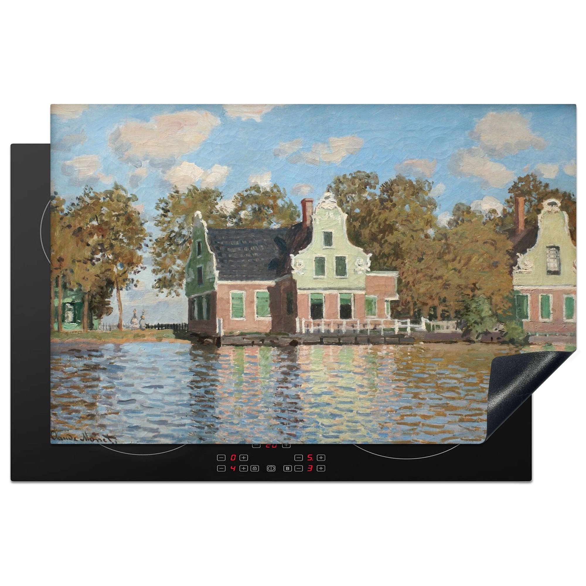 MuchoWow Herdblende-/Abdeckplatte Das Haus am Fluss Zaan bei Zaandam - Gemälde von Claude Monet, Vinyl, (1 tlg), 81x52 cm, Induktionskochfeld Schutz für die küche, Ceranfeldabdeckung