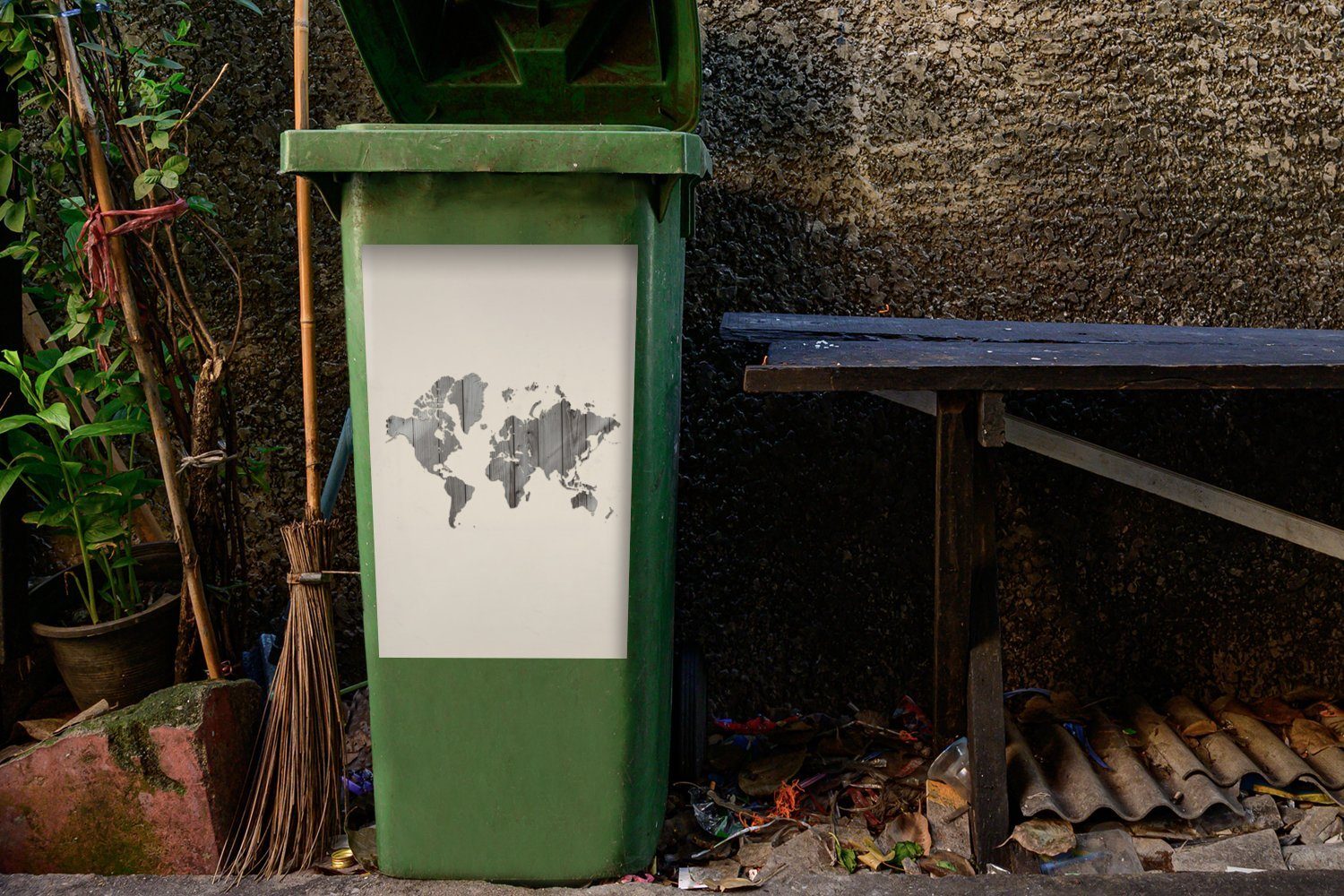 Sticker, - Abfalbehälter Mülltonne, Wandsticker Holztafel Grau Mülleimer-aufkleber, Weltkarte - Container, (1 St), MuchoWow