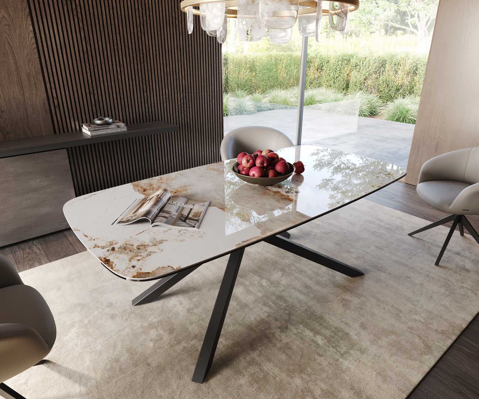 DELIFE Esstisch Edge, Boot Keramik Minas Melange Weiß-Beige 200x100 Kreuzgestell Rechteck Sc