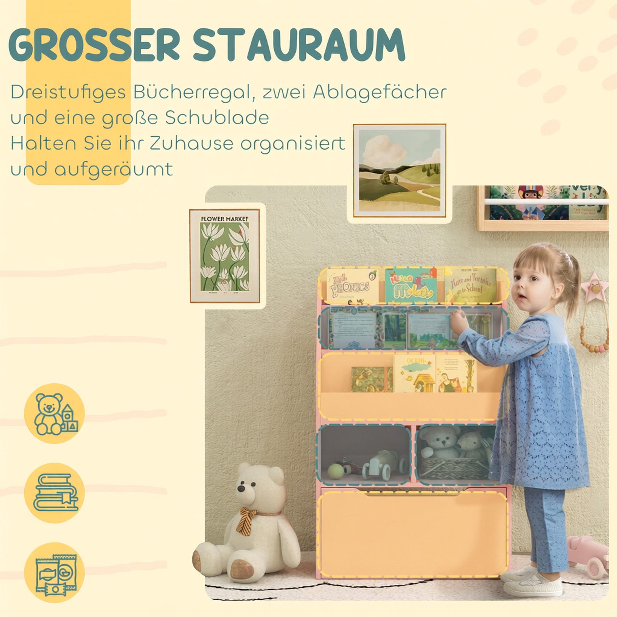 HOMCOM Kinderregal Kinder Bücherregal mit Schublade, 3 Ablagefächern, Aufbewahrungsregal 1-tlg., für Kinderzimmer, Spielzimmer, Rosa, 60 x 29,9 x 90 cm – Bild 4 von 5