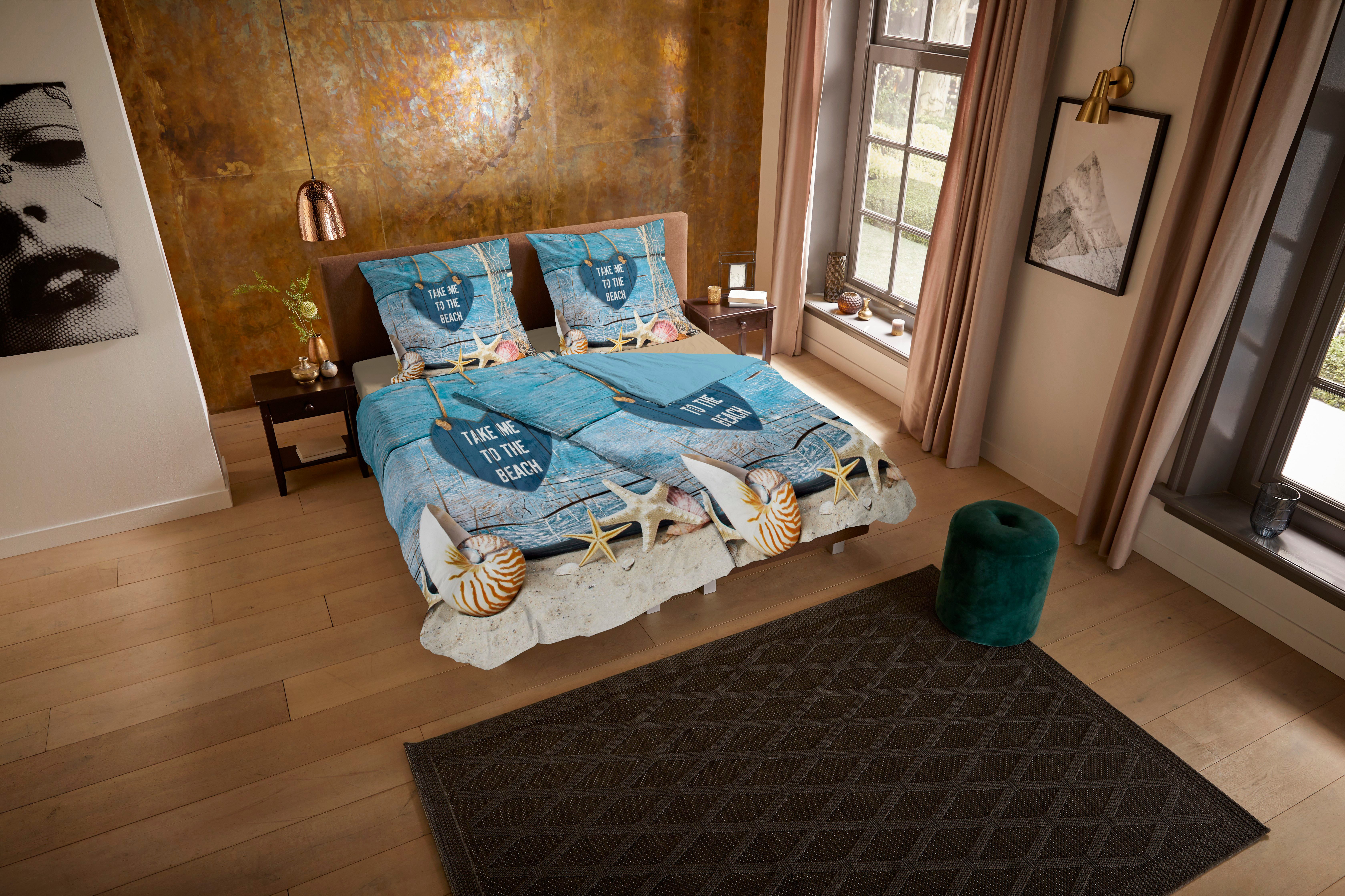 PURE luxury collection Wendebettwäsche Beach heart, Microfaser, 2 teilig, Mikrofaser, 135x200, Pflegeleicht, Reißverschluss, Wende, Strand, Blau