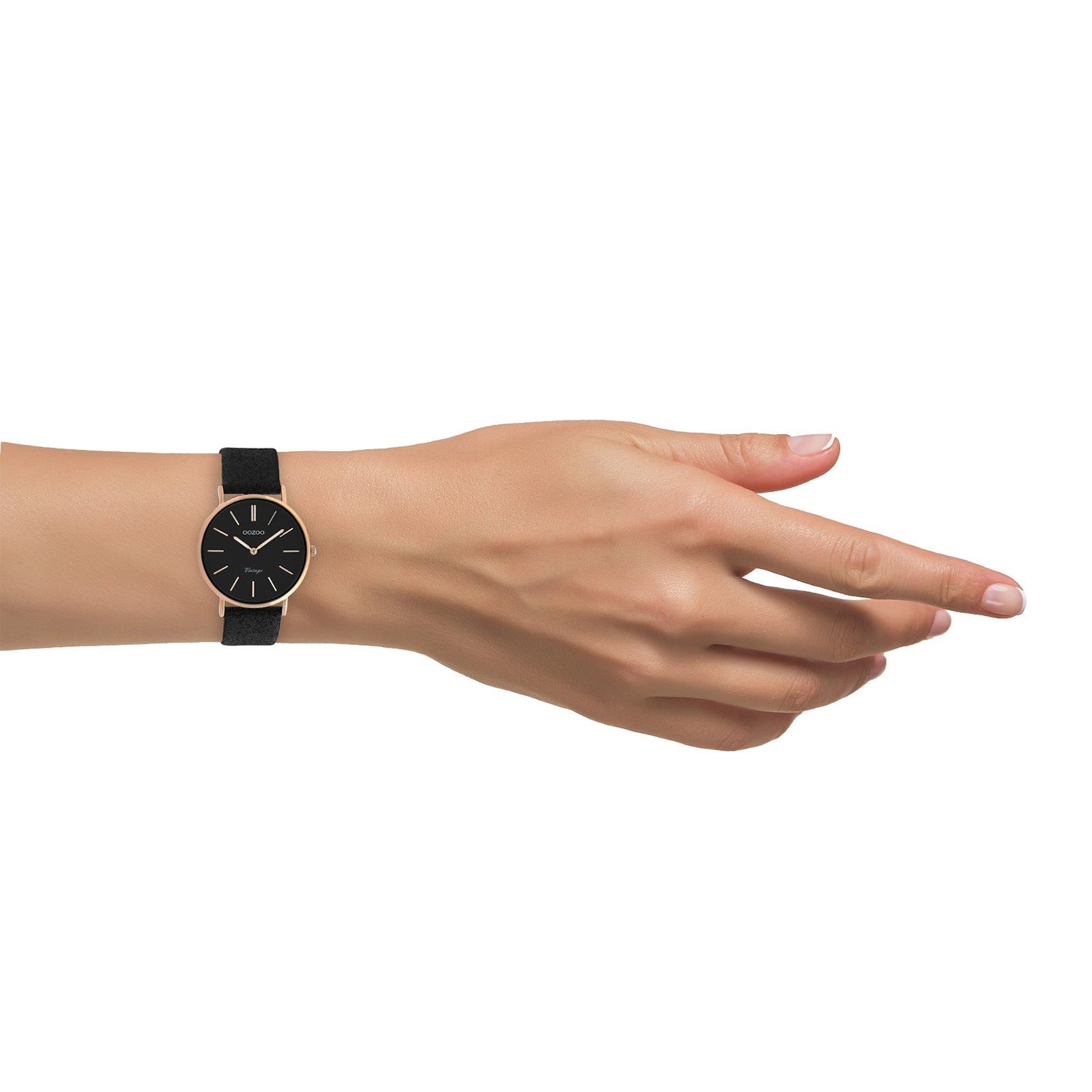 Elegant-Style schwarz rund, Oozoo 32mm) (ca. Damen Lederarmband, mittel Quarzuhr OOZOO Analog, Armbanduhr Damenuhr