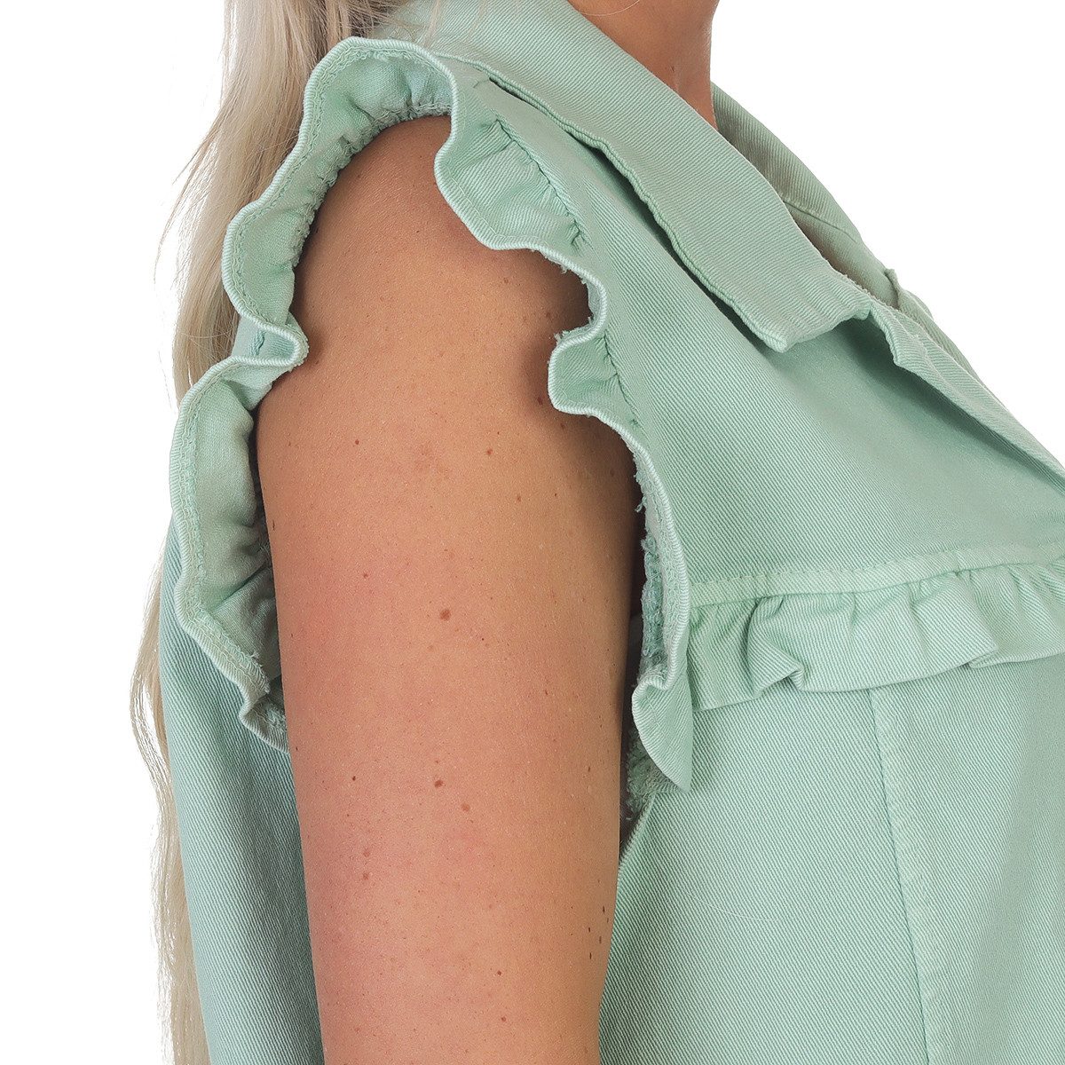 Aurela Damenmode Jeansweste Damen Weste Jeanslook Sommerweste mit Volantärmeln Sommerfarben