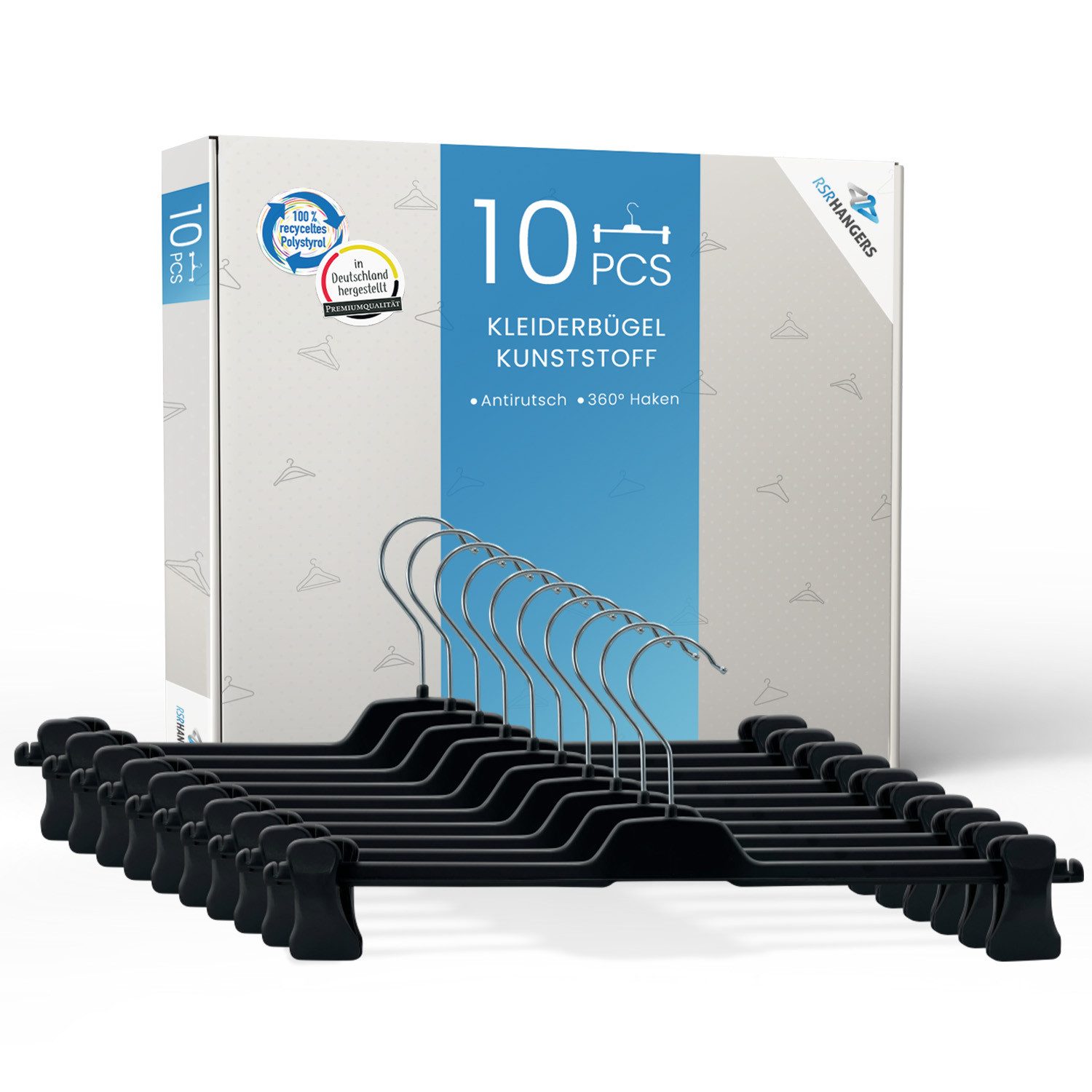 RSR Hangers Kleiderbügel Hosenbügel Rockbügel PUC 42 cm XL Kunststoff 360° Haken Schwarz, (20-tlg)
