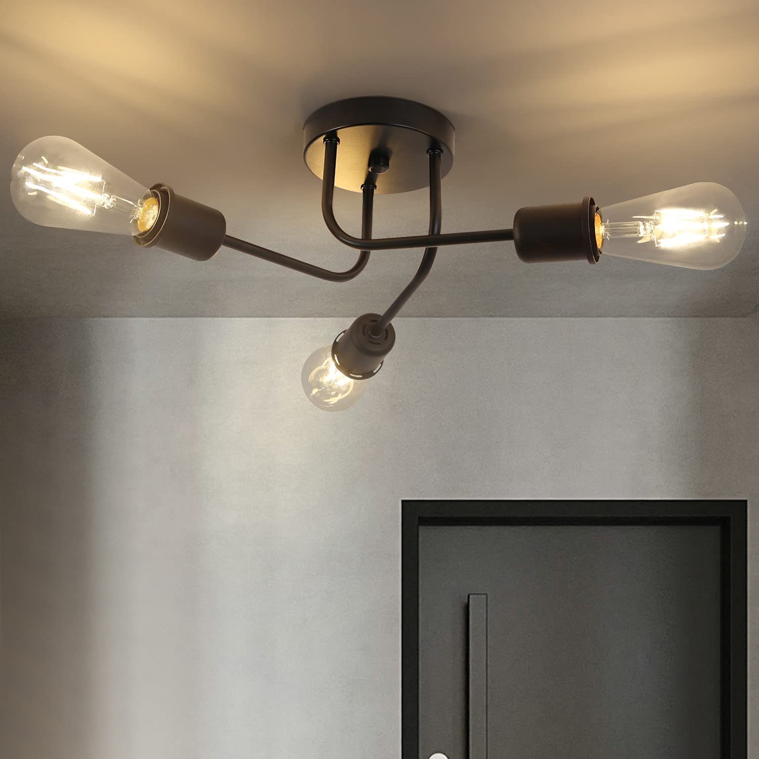 ZMH Deckenleuchte Deckenlampe Vintage Wohnzimmer E27, LED wechselbar, Warmweiß 3 Flammig Schwarz