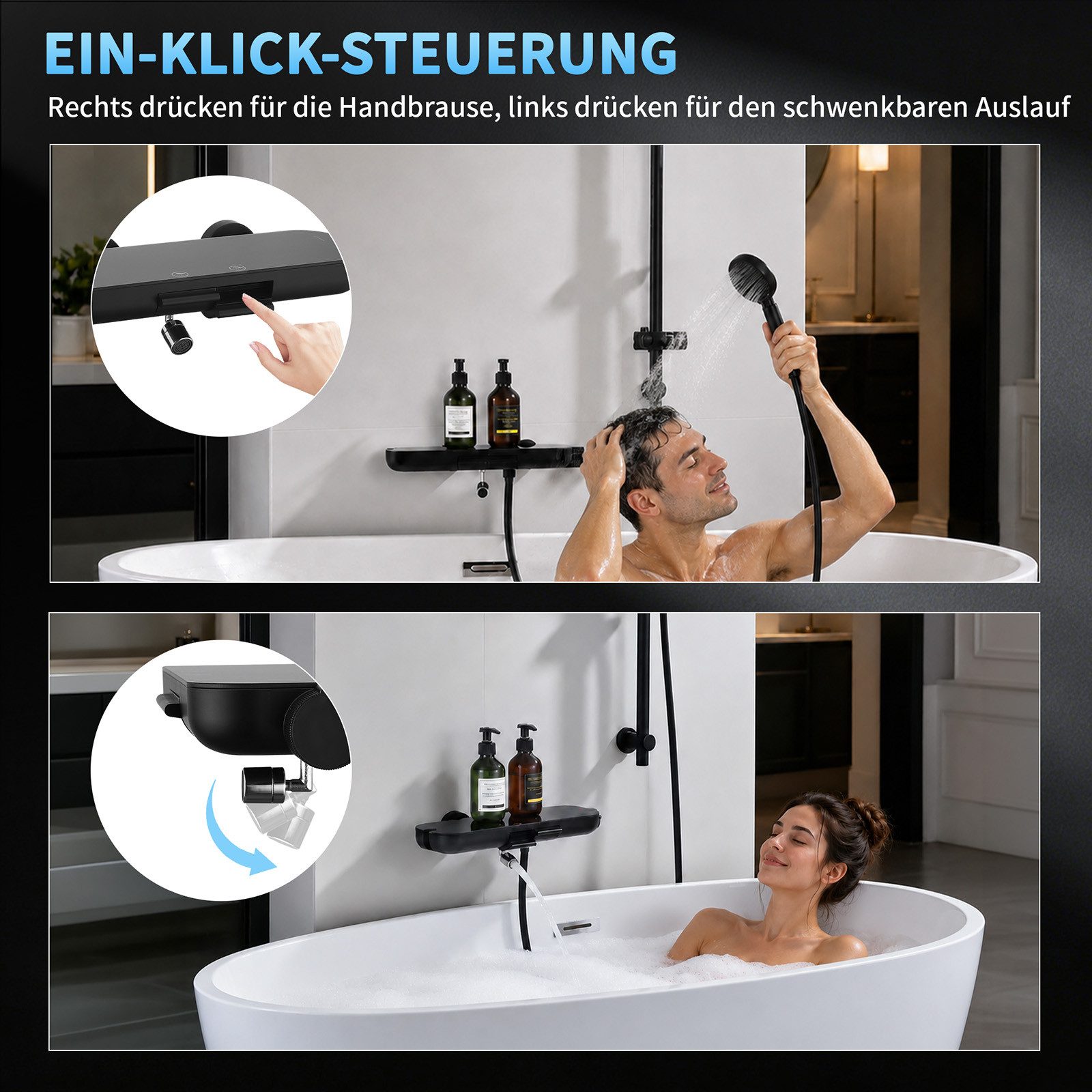 HOMELODY Brausegarnitur Badewannenarmatur Duschset mit Ablage, 5F Handbrause, höhenverstellbar, 3 Strahlart(en), 900 mm Höhenverstellbare Duschstange mit schwen – Bild 3 von 5