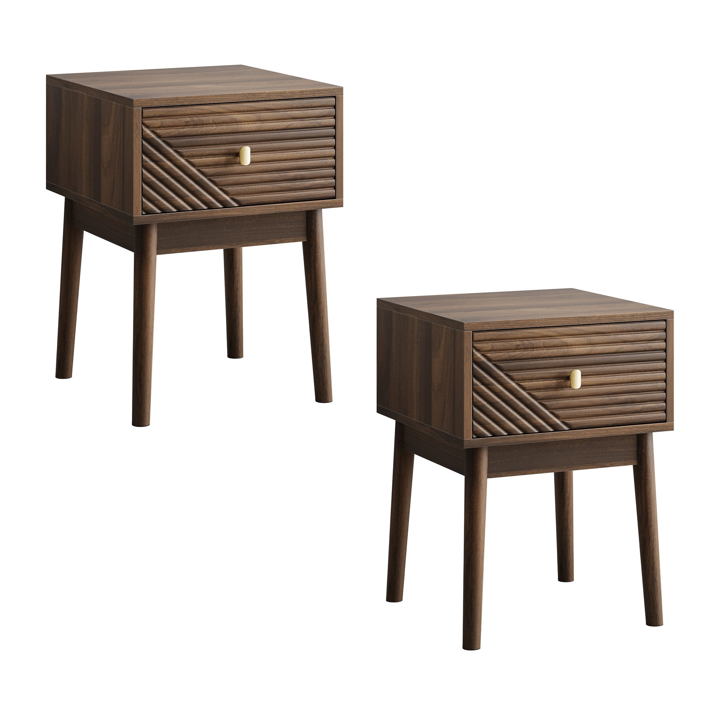 MODFU Nachttisch Nachtkonsole,Beistelltisch (Mid-Century Modern Nussbaum Nachttisch mit Metallgriffen – 2 Stück, Elegantes Rillendesign, großzügiger Stauraum., 2-St., 40x 40 x 55 cm)