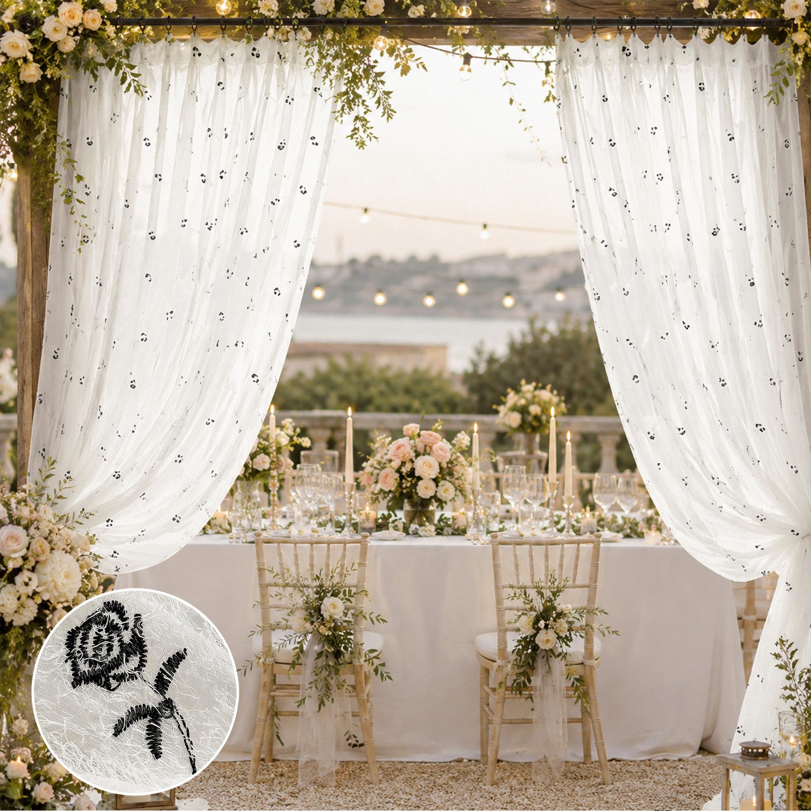 Rosnek Vorhang Transparenter Vorhang 2er-Set, Voile Gardinen, Rosenstickerei weiß, Shaggy-Voile, 120 g/m² Polyester, für Wohnzimmer, Hochzeit & Party