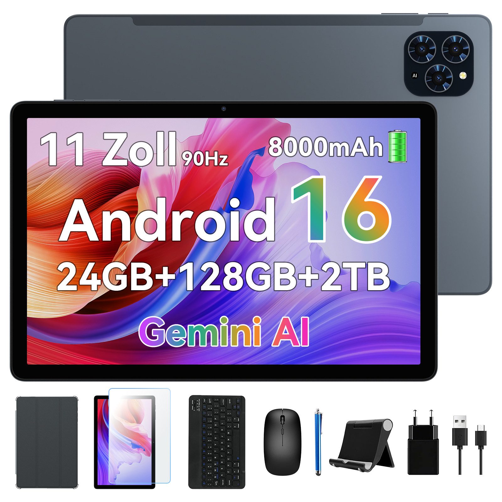 KINGRID T90 11" Android 16 WiFi mit Tastatur/Hülle/Maus Tablet (11", 128 GB, Android16, Android 16, FHD Display, mit Zubehör, Gemini AI)