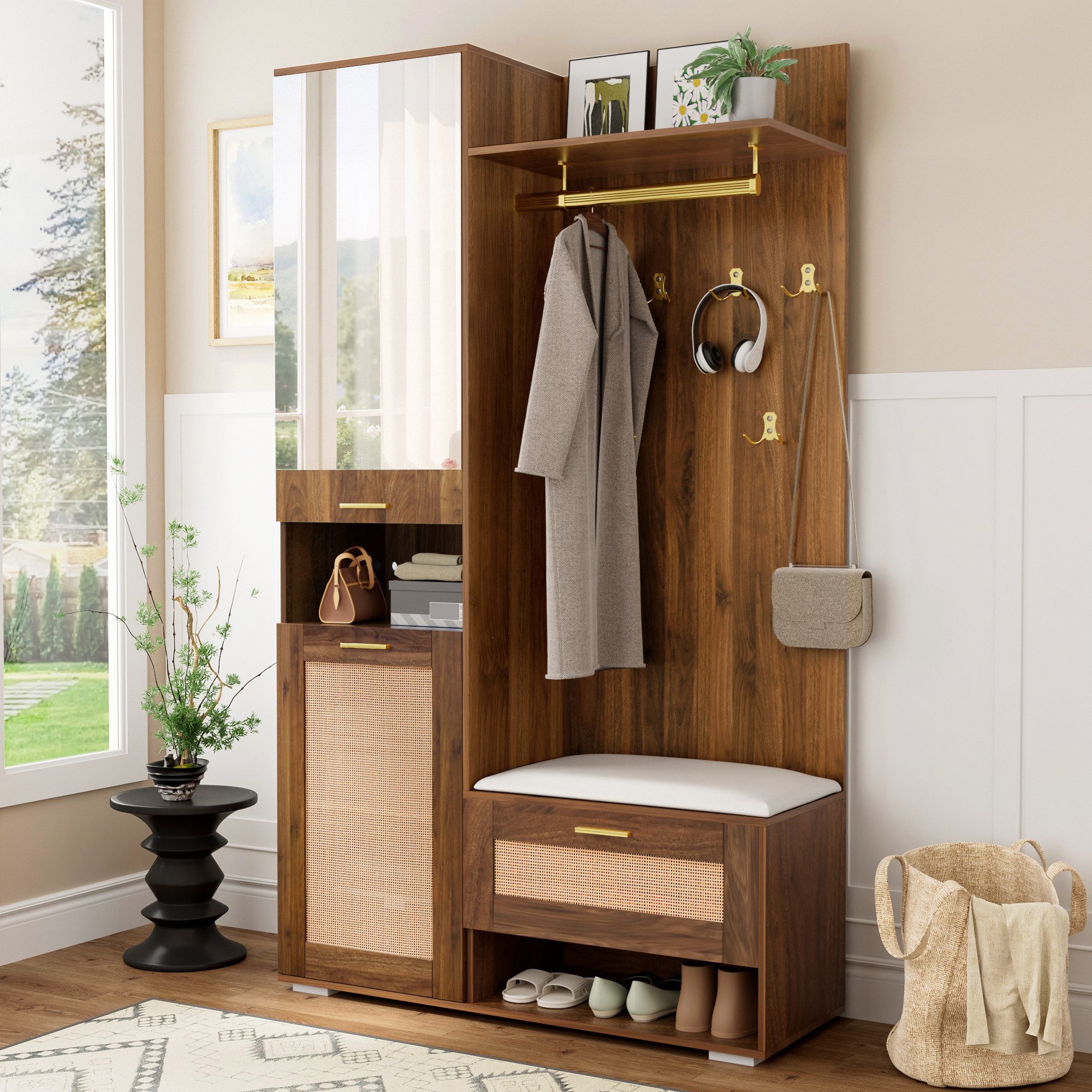 Merax Garderoben-Set mit Spiegel & goldenen Akzenten, Flurschrank mit LED-B günstig online kaufen