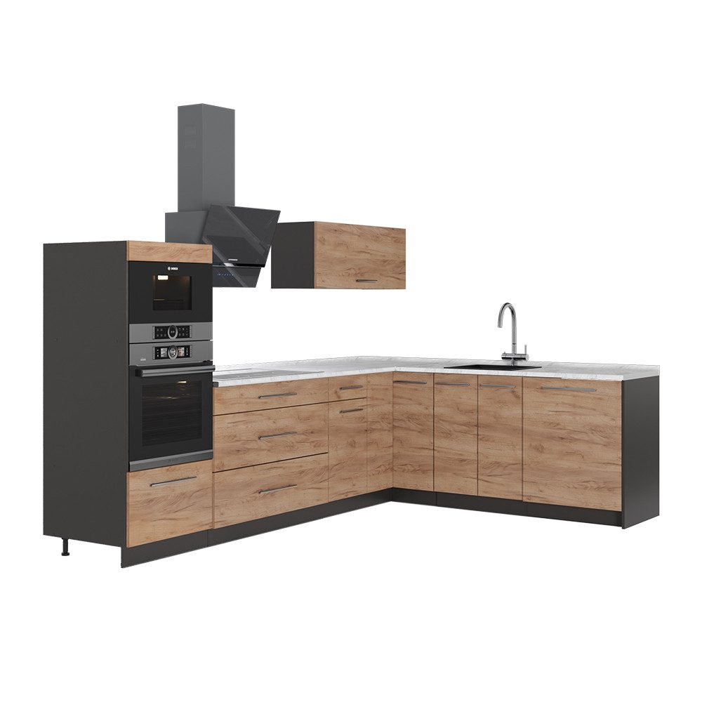 Vicco Winkelküche Fame-Line, Goldkraft Eiche/Anthrazit, 287 x 60 cm, AP Marmor