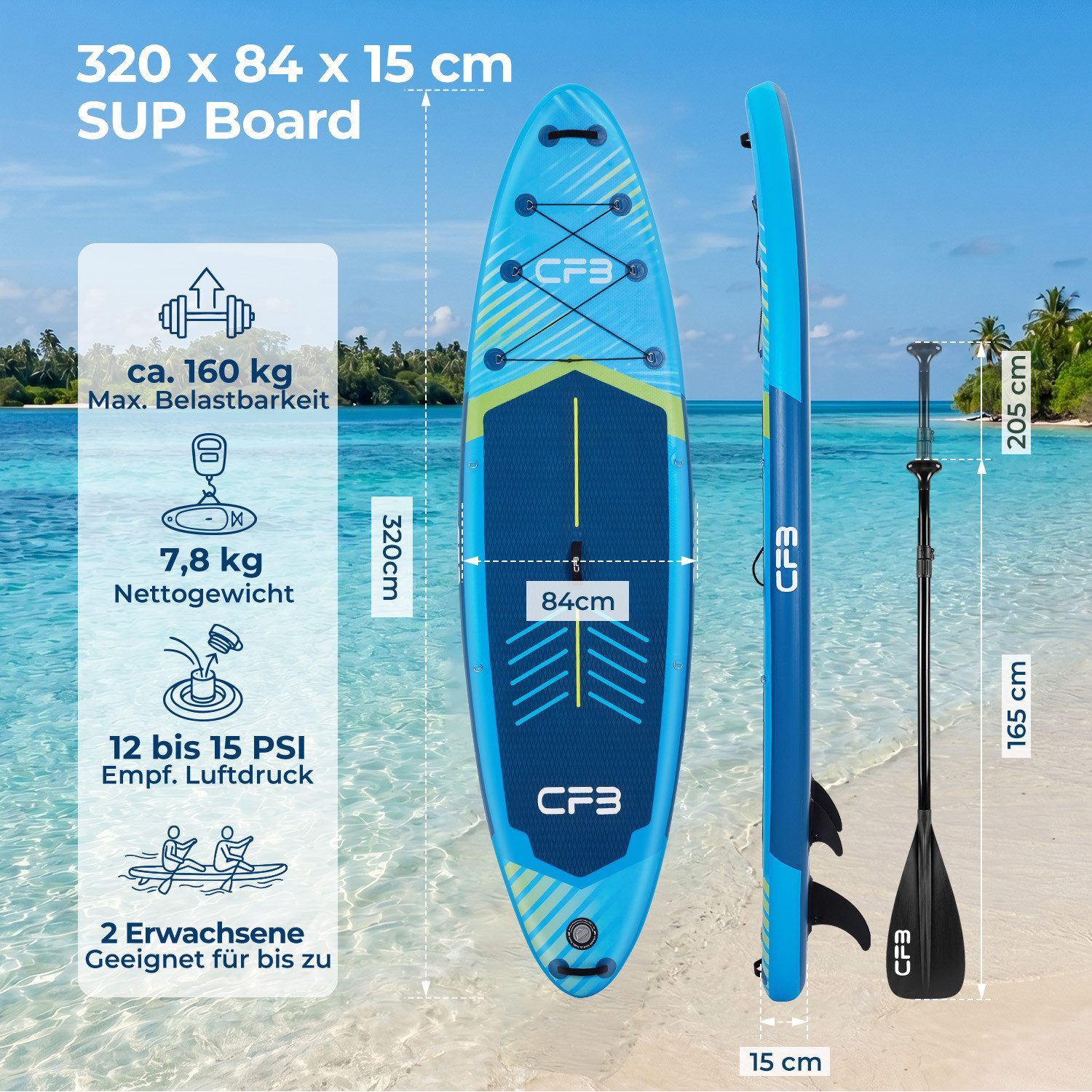 CFB SUP-Board Set 320x84x15 cm extra breit, Bis zu 160 kg, aufblasbar Stand Up Paddle Board, (iSUP Komplett-Set, 12 tlg., mit Alu Paddel, Pumpe, Rucksack, Leash, 5L Dry Bag und Schultergurt), Paddleboard aufblasbar für Anfänger & Erwachsene