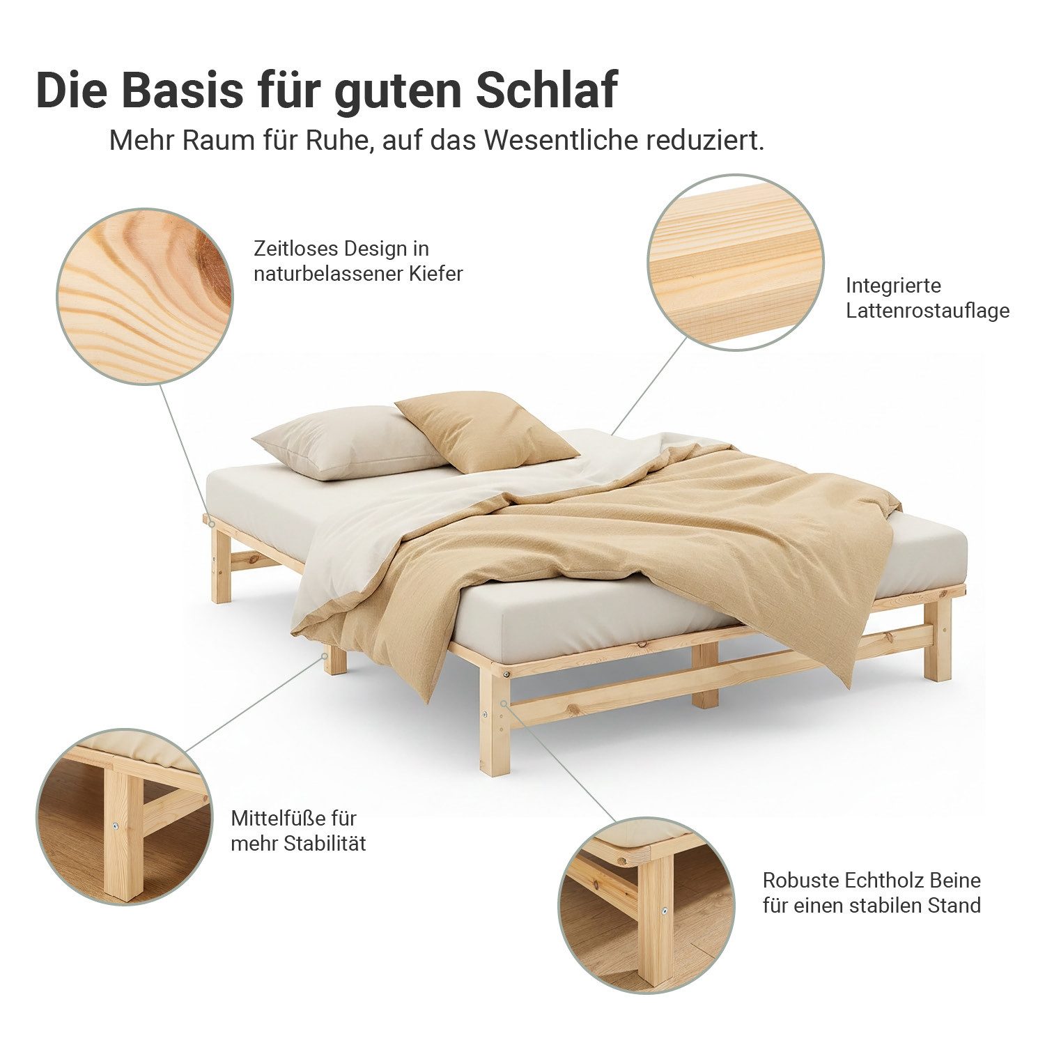 Homestyle4u Holzbett 90x200 120x200 100x200 140x200 Palettenbett Jugendbett Futonbett boden (Set, inklusive Lattenrost), 140x200, Braun, naturbelassen, Doppelbett, bodennah