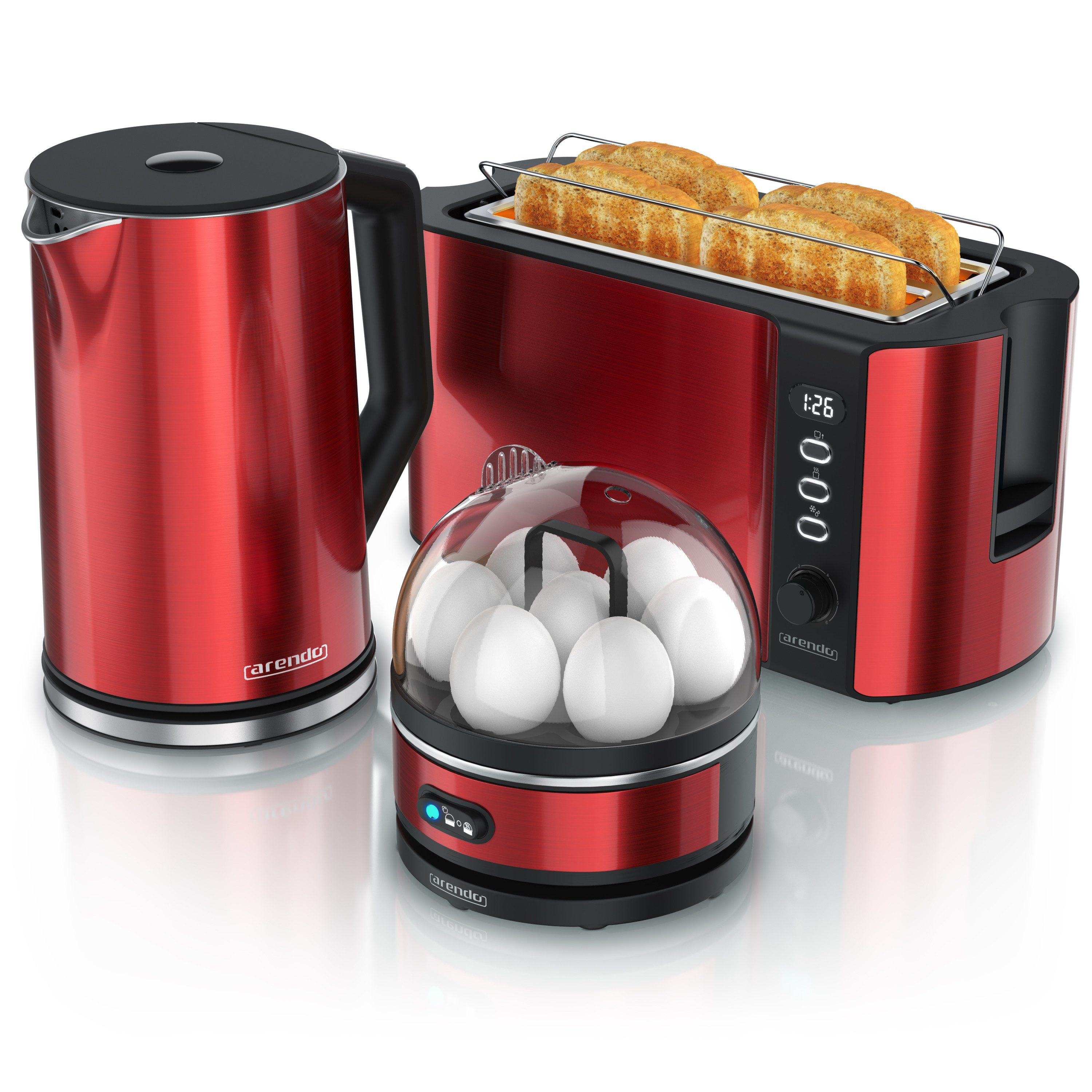 Arendo Frühstücks-Set Edelstahl Wasserkocher 1,5l, Eierkocher 7 Eier, 4-Scheiben Toaster rot (3-tlg), Langschlitz Brötchenaufsatz, Wasserkocher Temperatureinstellung