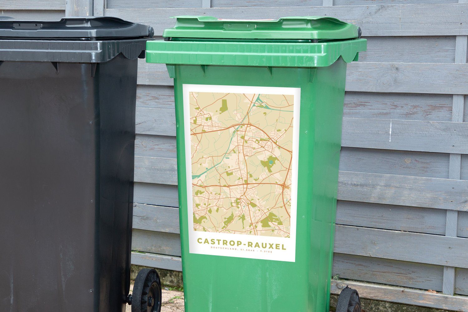 MuchoWow Wandsticker Karte - Castrop-Rauxel Sticker, - Mülleimer-aufkleber, Abfalbehälter - Vintage (1 Container, Karte Stadtplan - Mülltonne, St)