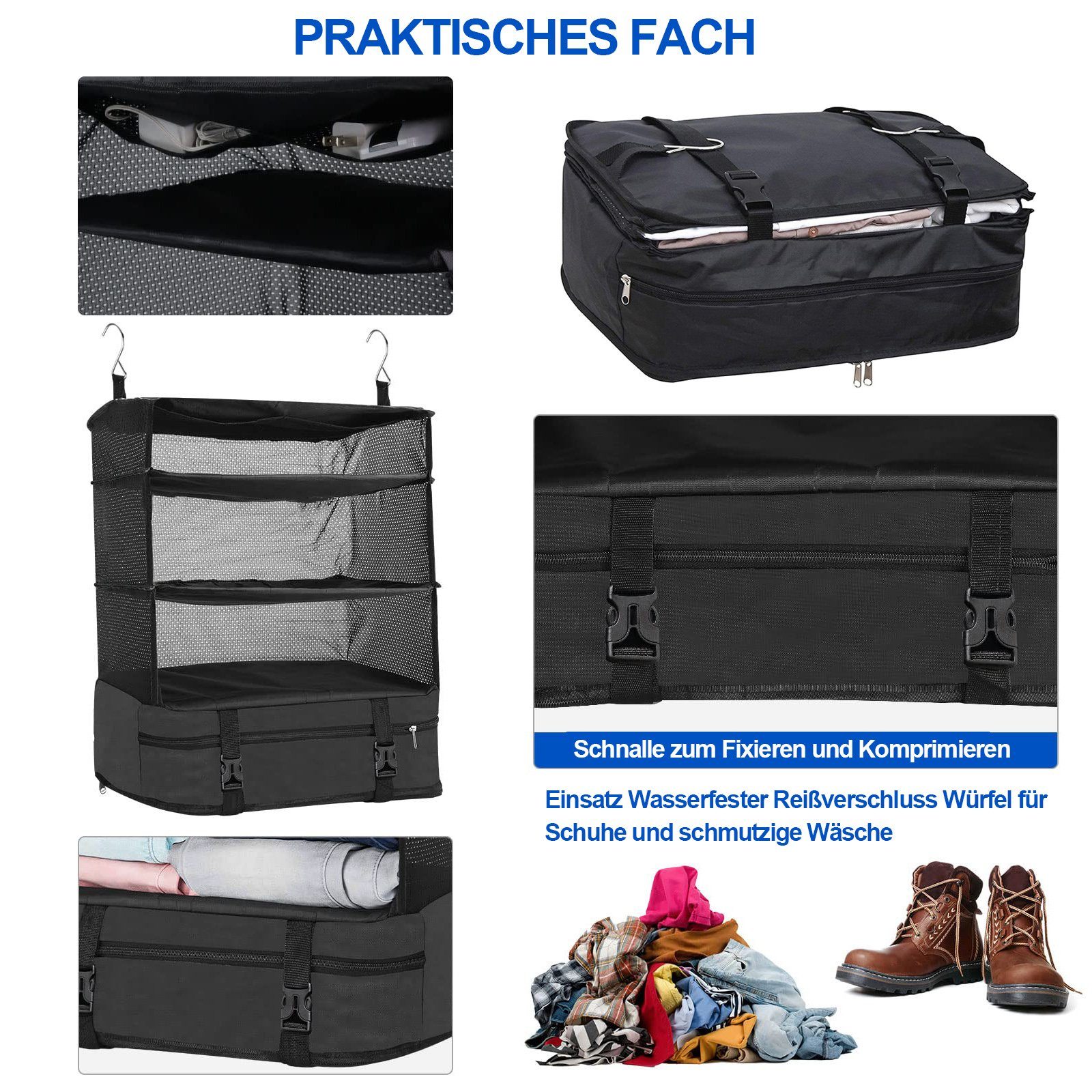 Aufbewahrungstasche Kleiderschrank 4Fächern, mit Hängeregal Faltbare Kofferorganizer,Hängeorganizer,Hängeregal Organizer,Reise BTTO