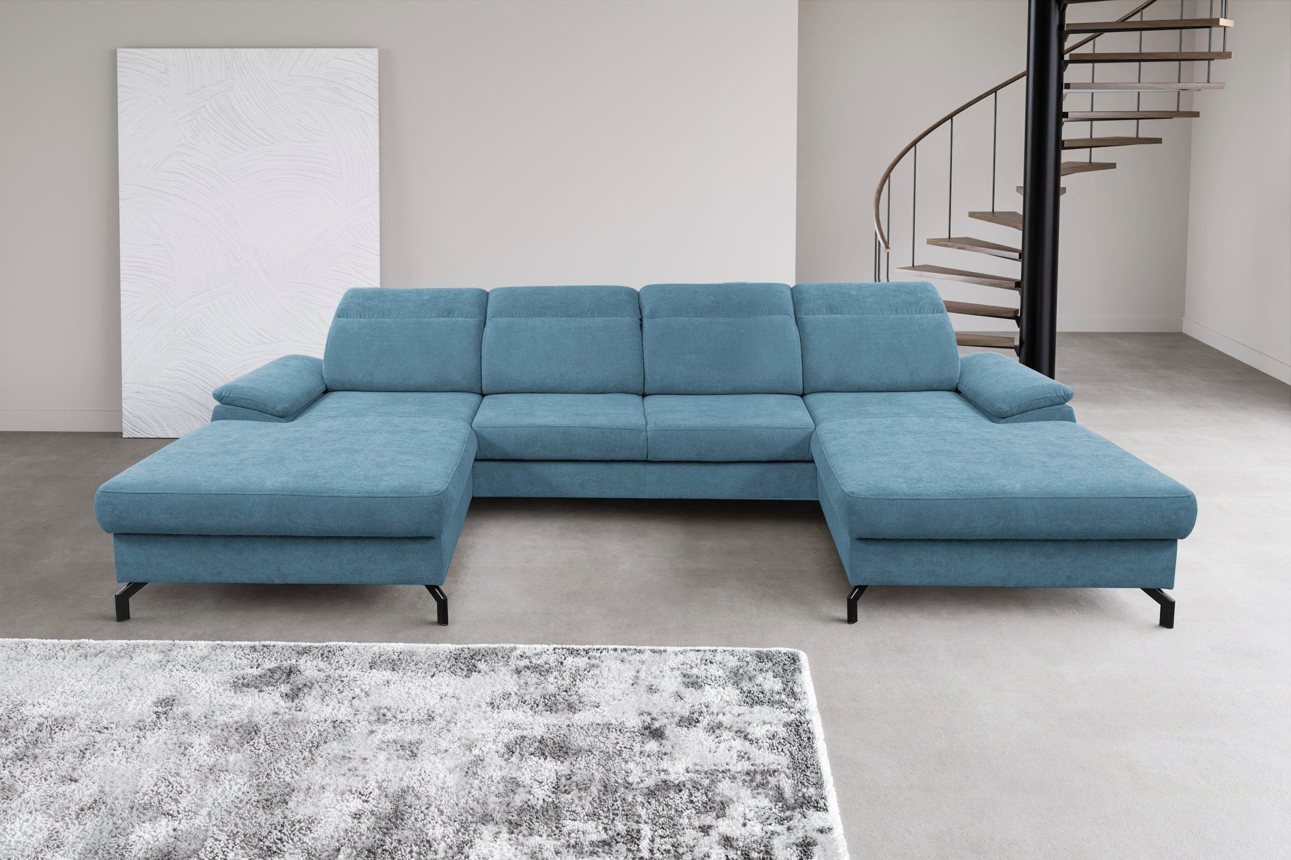 WERK2 Wohnlandschaft Slavio, Modernes U-Sofa mit Schlaffunktion, Bettkasten, Kopfteile verstellbar Hellblau | Hellblau | Hellblau