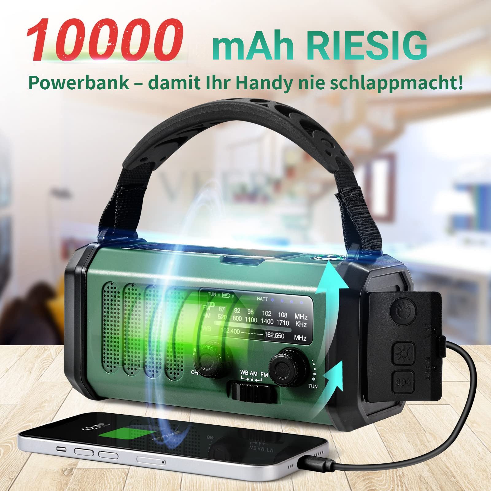 Tekoo Kurbelradio 10000mAh Notfallradio mit Powerbank Solar & LED Licht Notfallradio (AM, FM, MW, UKW, Wetterradio, 1 W, IPX6 Spritzwassergeschützt, 3-Modi-Taschenlampe, Notfall-Wetterradio)
