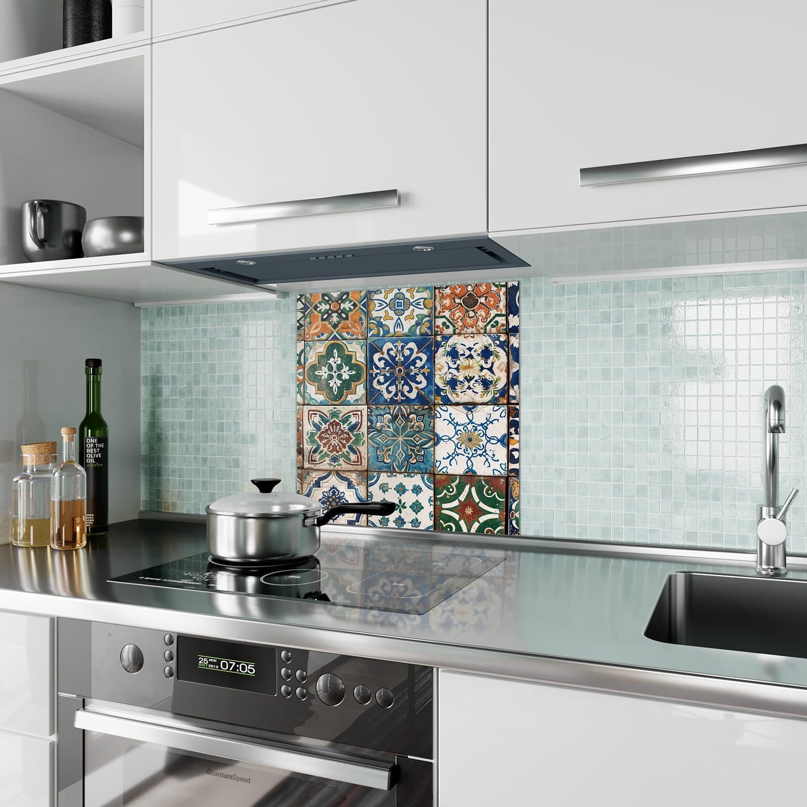 Primedeco Küchenrückwand Spritzschutz, Herdblende aus Glas - Motiv Bunte Fliesenkacheln