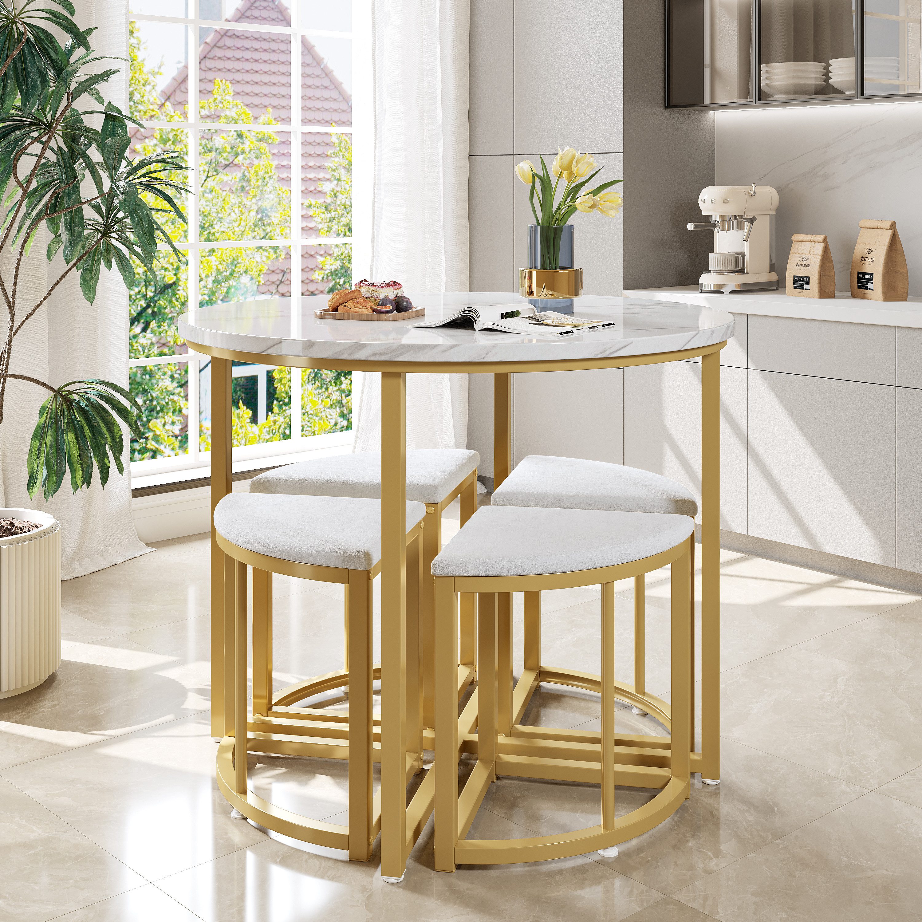 TavilaEcon Essgruppe Esszimmertisch-Set mit vier Stühlen, MDF-Tischplatte, (5-tlg), rund Esstisch, 4 kleinen Hockers – Bild 4 von 5