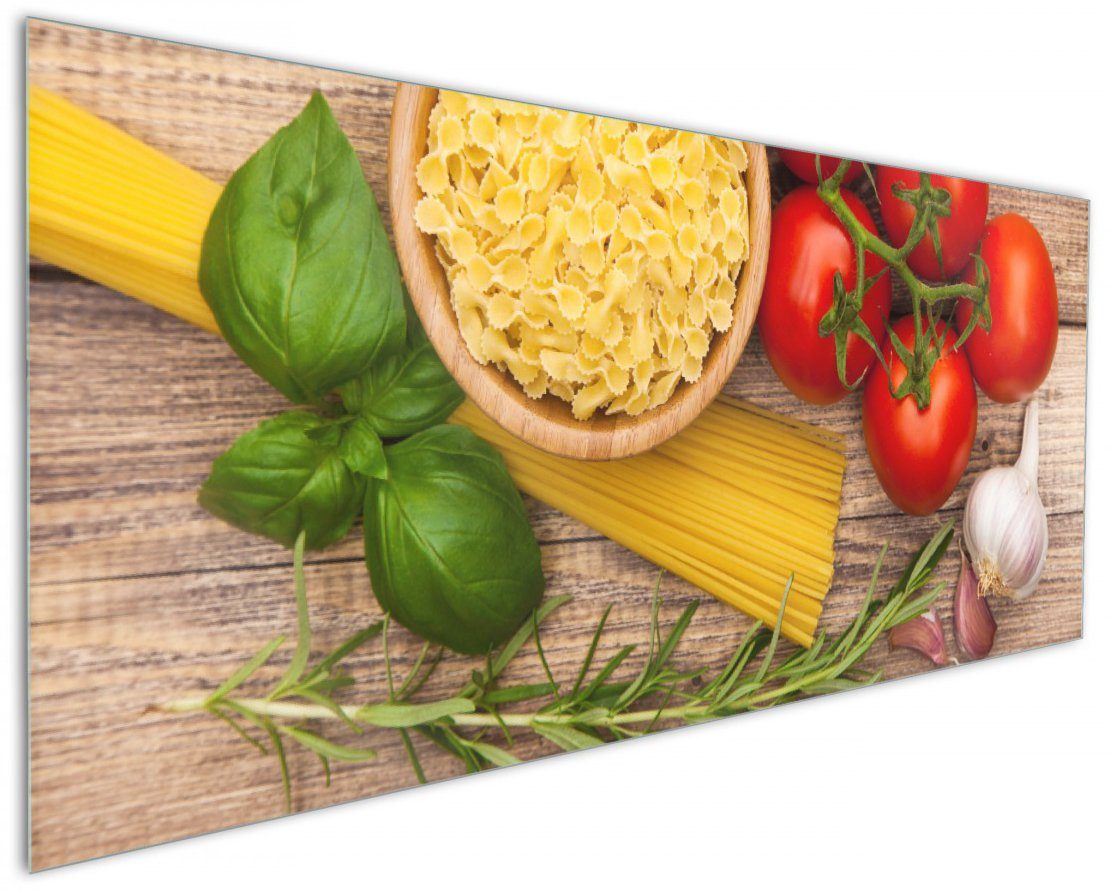 Wallario Küchenrückwand Spaghetti mit Tomaten, Knoblauch und Basilikum, (1-tlg)