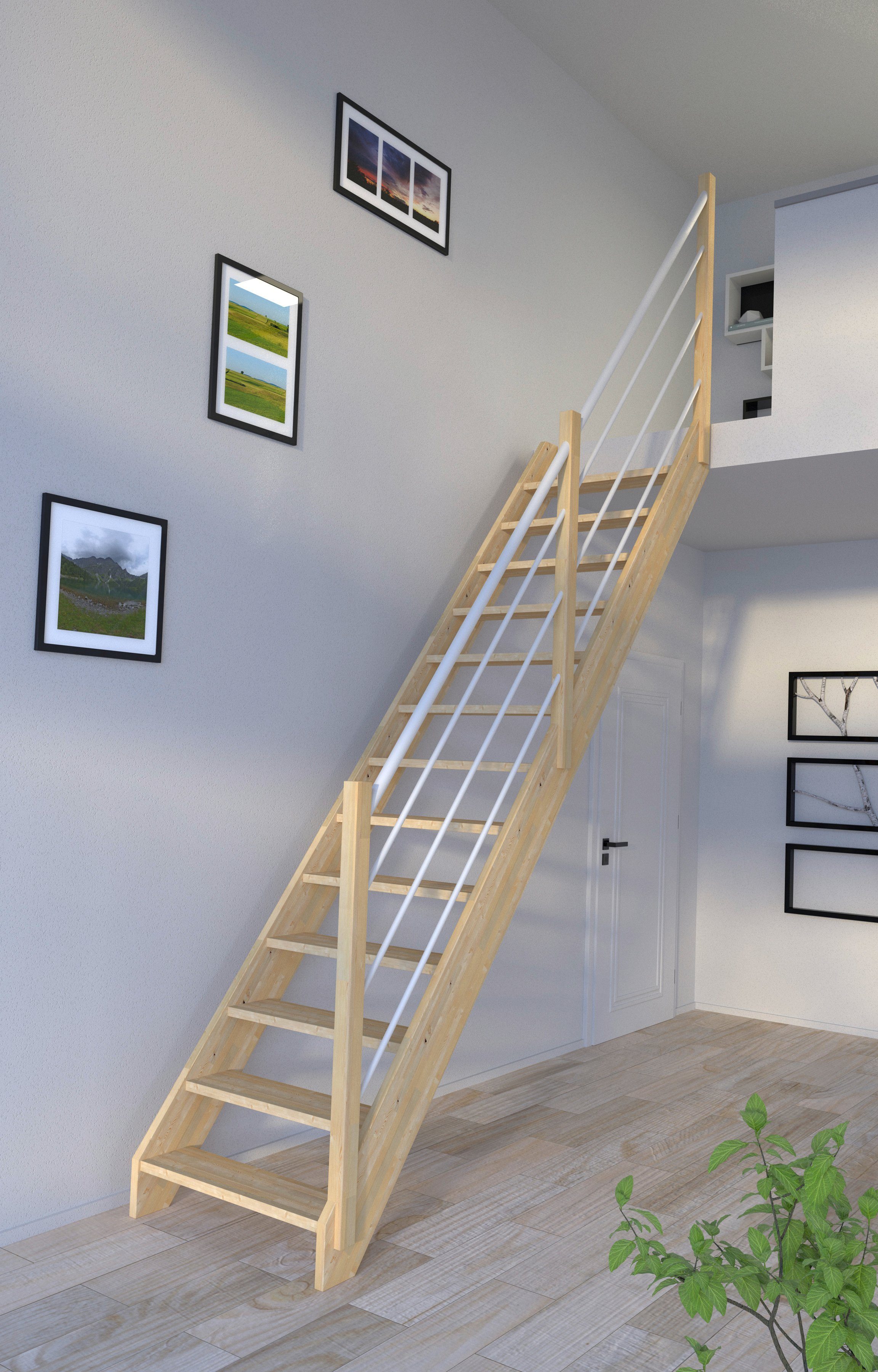 Starwood Raumspartreppe Massivholz Korfu, Holz-Edelstahl Weiß Rechts, für Geschosshöhen bis 300 cm, Stufen offen, Durchgehende Wangenteile