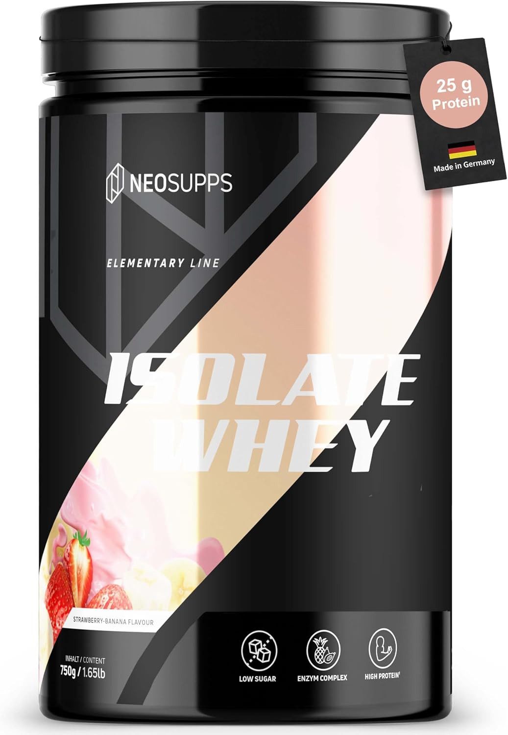 Neosupps Isolate Whey Protein Pulver Strawberry Banana, 25g Protein Portion Pulver, 750 g, Eiweiss Shake unter 1g Zucker & Fett, mit Bromelain und Papain