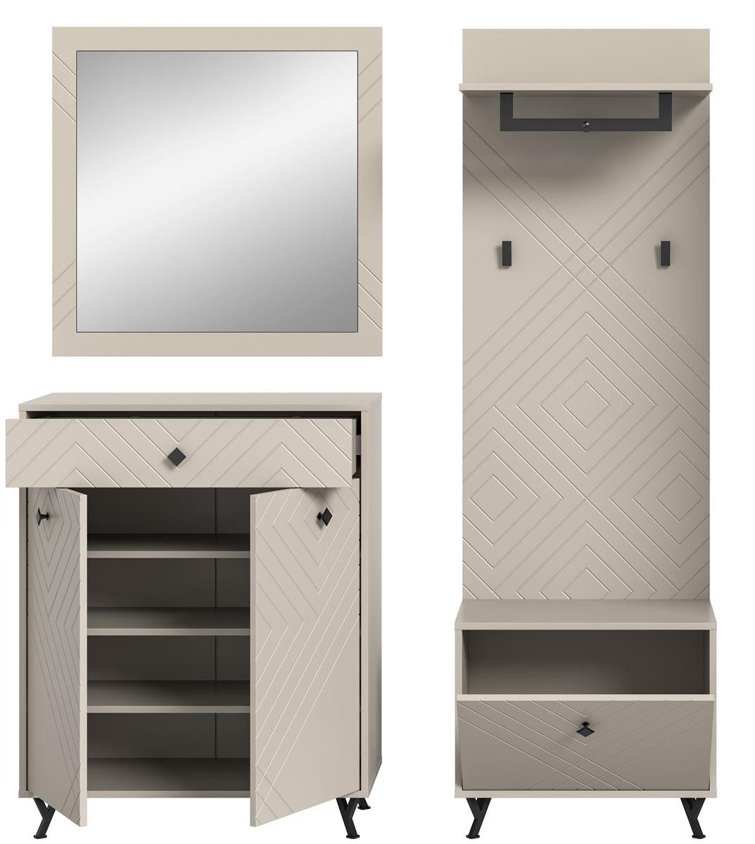 möbelvita Garderoben-Set Memo Garderobenkombination B/H/T 195x190x35 in sandbeige, (1x Sitzbank, 1x Paneel, 1x Schuhkommode, 1x Spiegel klein), Front mit gefrästen Ornamenten