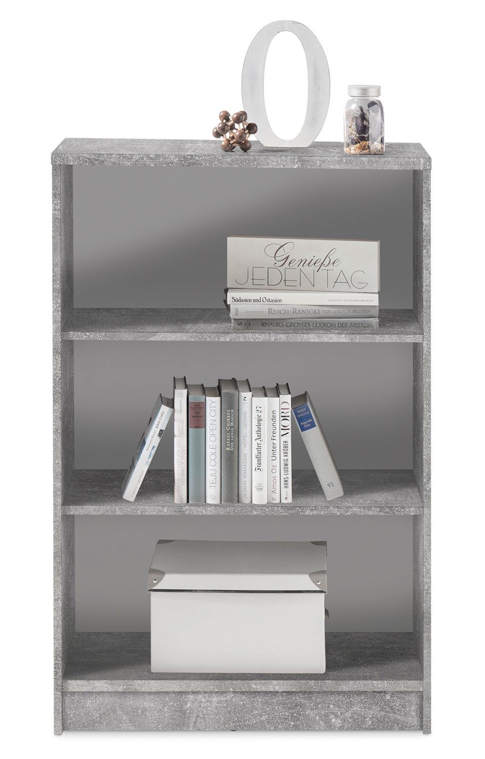 Bücherregal OPTIMUS, Betondekor, B 72 x H 111 x T 34 cm, 3 offene Fächer, 2 höhenverstellbare Einlegeböden