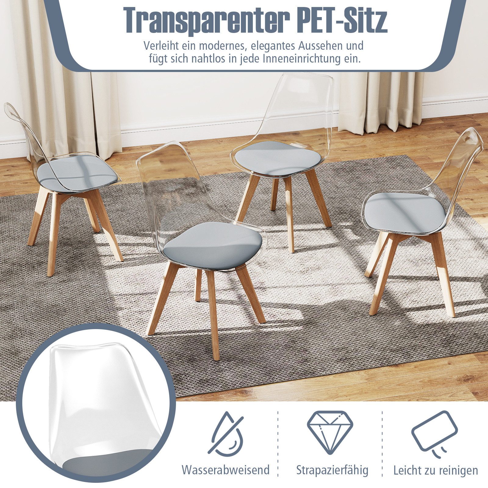 COSTWAY Esszimmerstuhl, 4er Set, gepolstert, transparent mit Massivholz Beine 150kg
