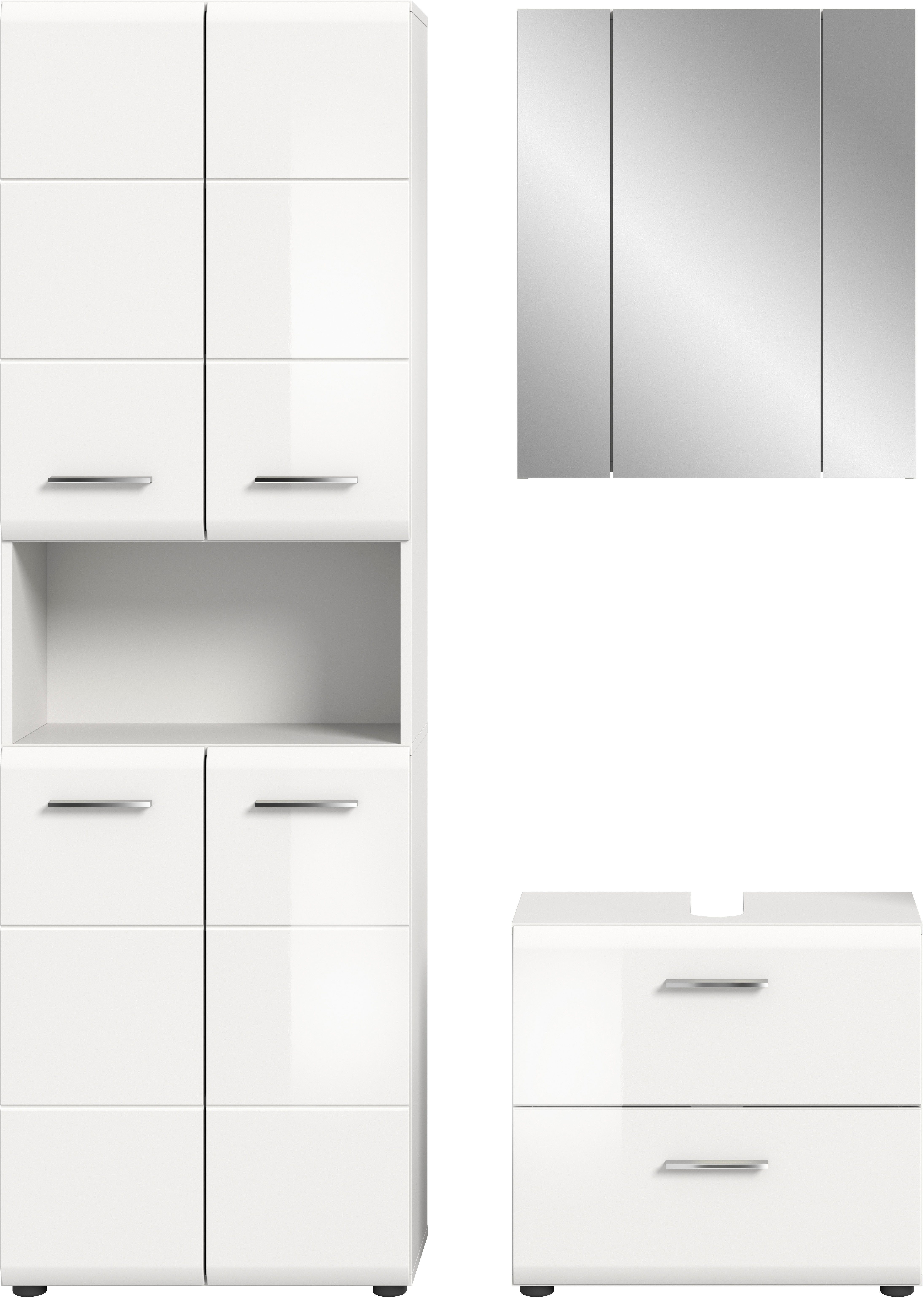 welltime Badmöbel-Set FLORENZ, 3-teilige Badkombination, hochwertige MDF-Front, (Set, best. aus: 1 Hochschrank, 1 Waschbeckenunterschrank, 1 Spiegelschrank), Bad-Kombination, Bad-Möbel, Badezimmer, Kombination, Kombi