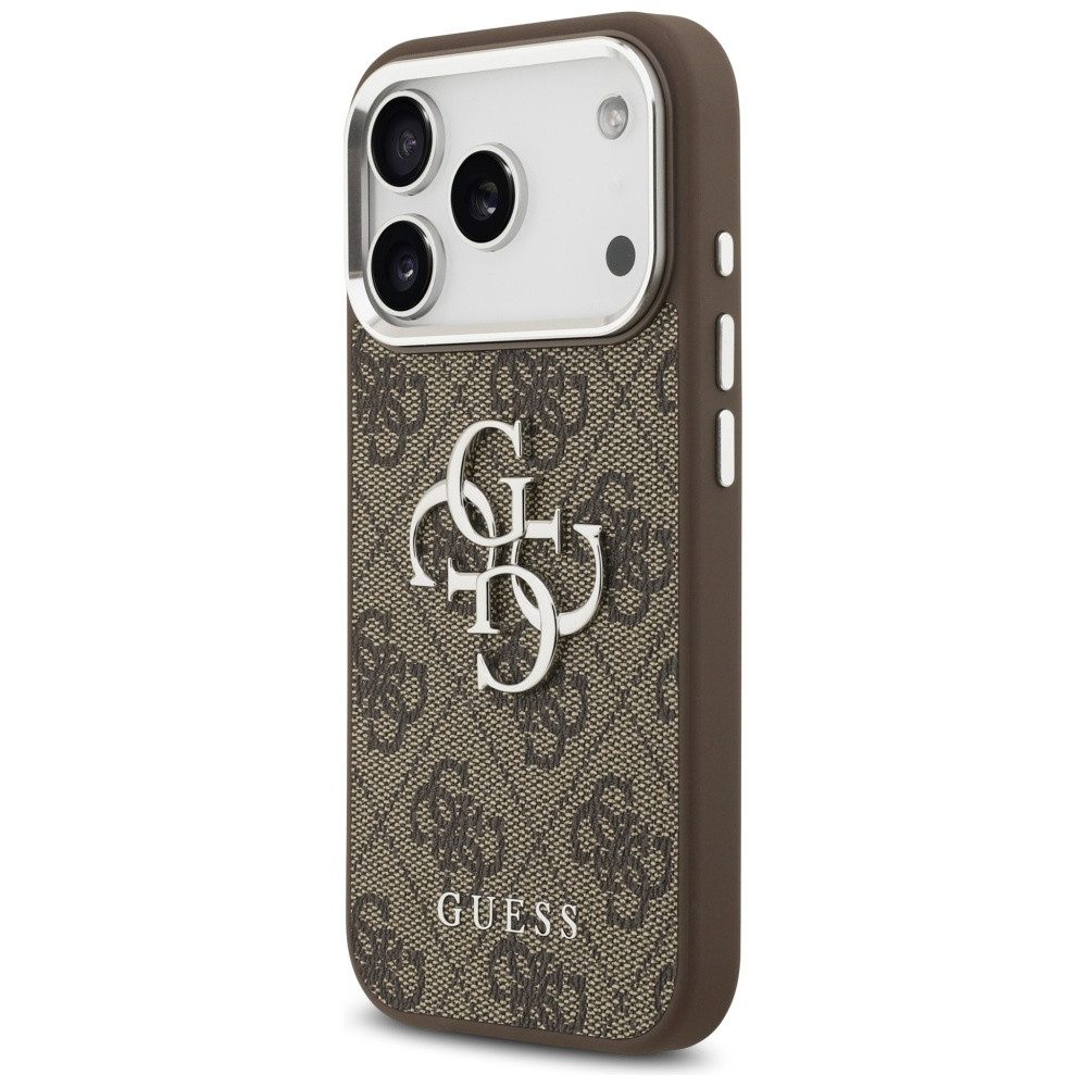 Guess Handyhülle iPhone 17 Pro Kunstleder braun Big Logo Metall silber 6,3 Zoll, Kantenschutz