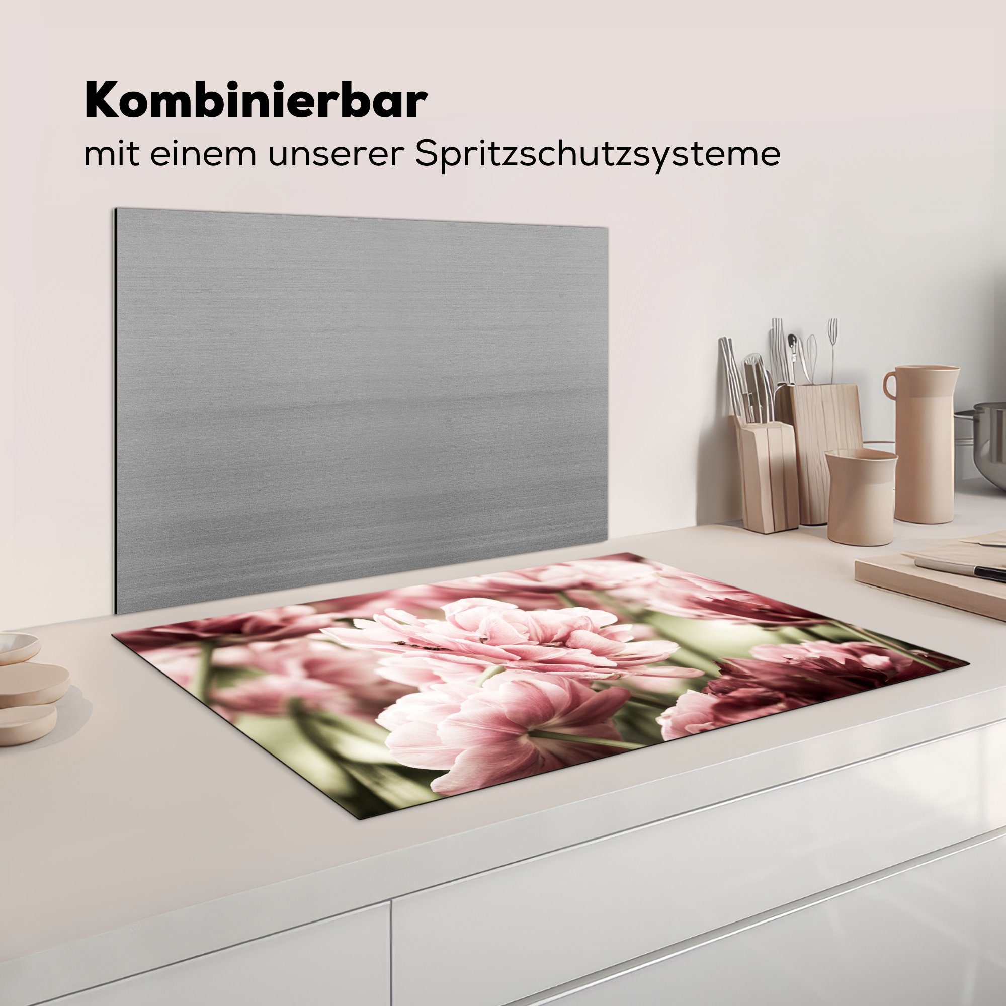 diese auf tlg), Schutz küche, MuchoWow Induktionskochfeld Vinyl, (1 Herdblende-/Abdeckplatte scheint Die 81x52 für Sonne Ceranfeldabdeckung die hellrosa cm, Tulpen,