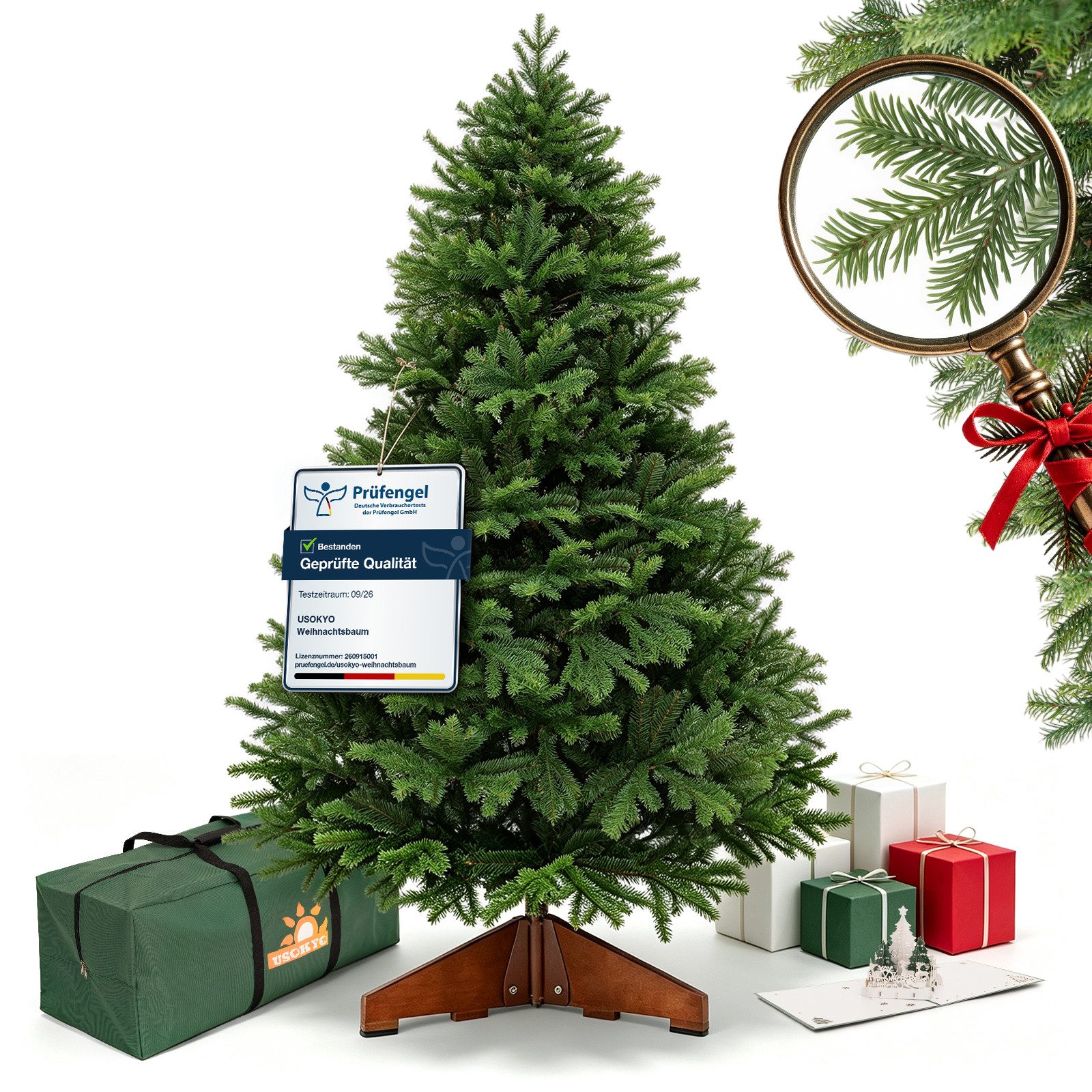 USOKYO Künstlicher Weihnachtsbaum Weihnachtsbaum 120/180/210 cm auswählbar,Tannenbaum aus PE und PVC, Tannenbaum, Naturgetreu,Dichte Zweige Christmas tree mit Holzständer für zimmer