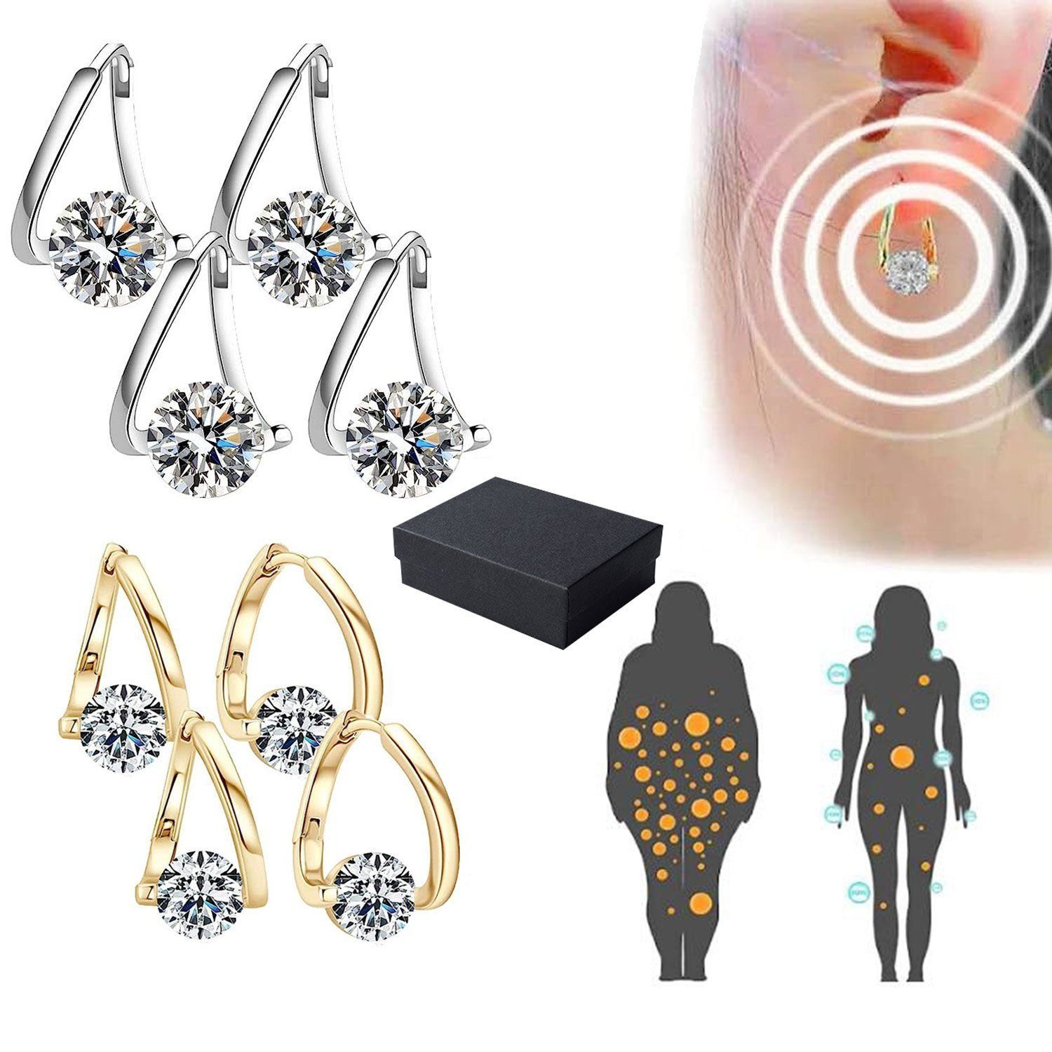 Daisred Ohrring-Set 4 Paar Damen Lymphatische Magnetotherapie-Ohrringe Gold+Silber