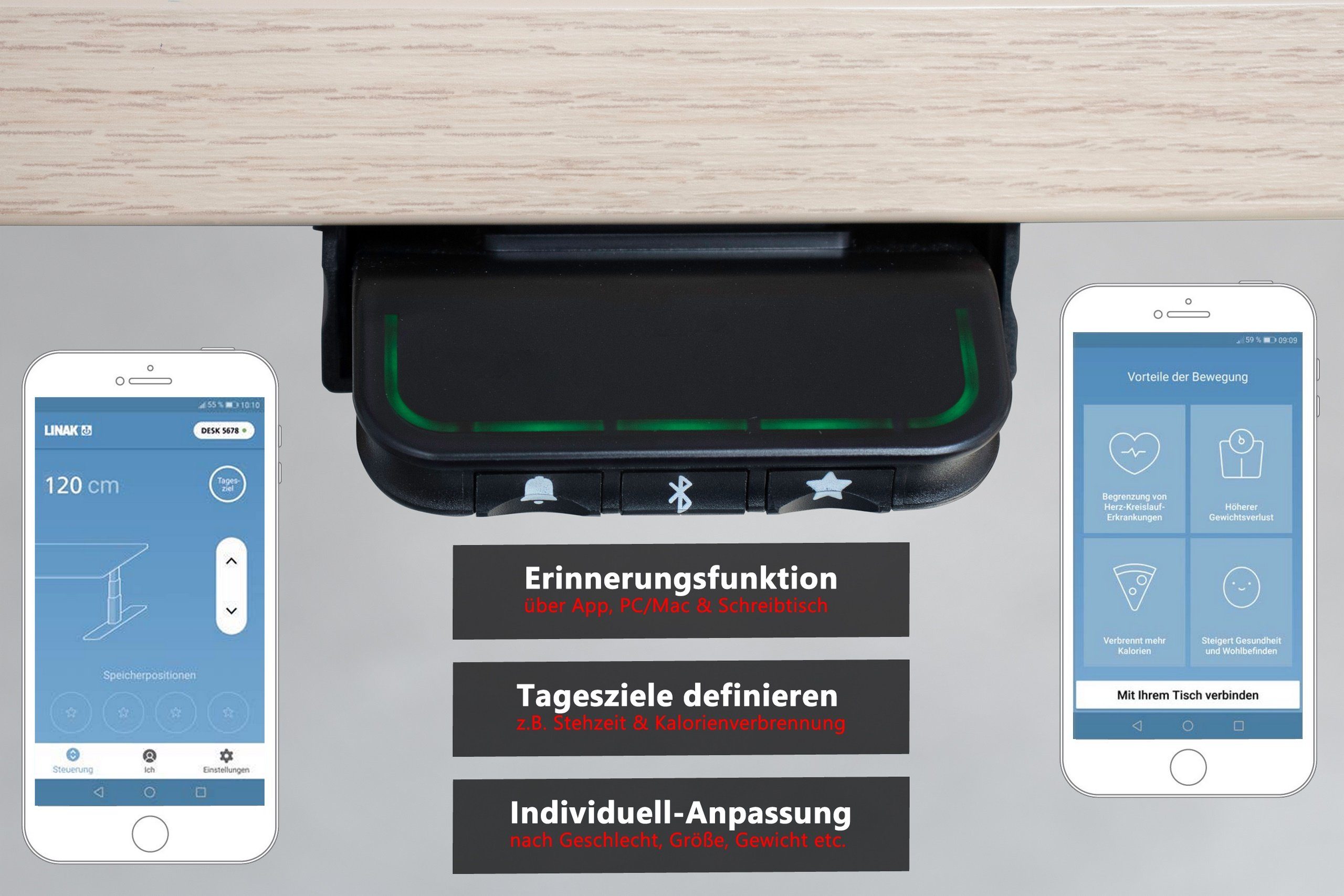 bümö Schreibtisch Schreibtisch elektrisch Weiß & 180 cm - 80 XDLB, App Dekor: x Bluetooth Rechteck