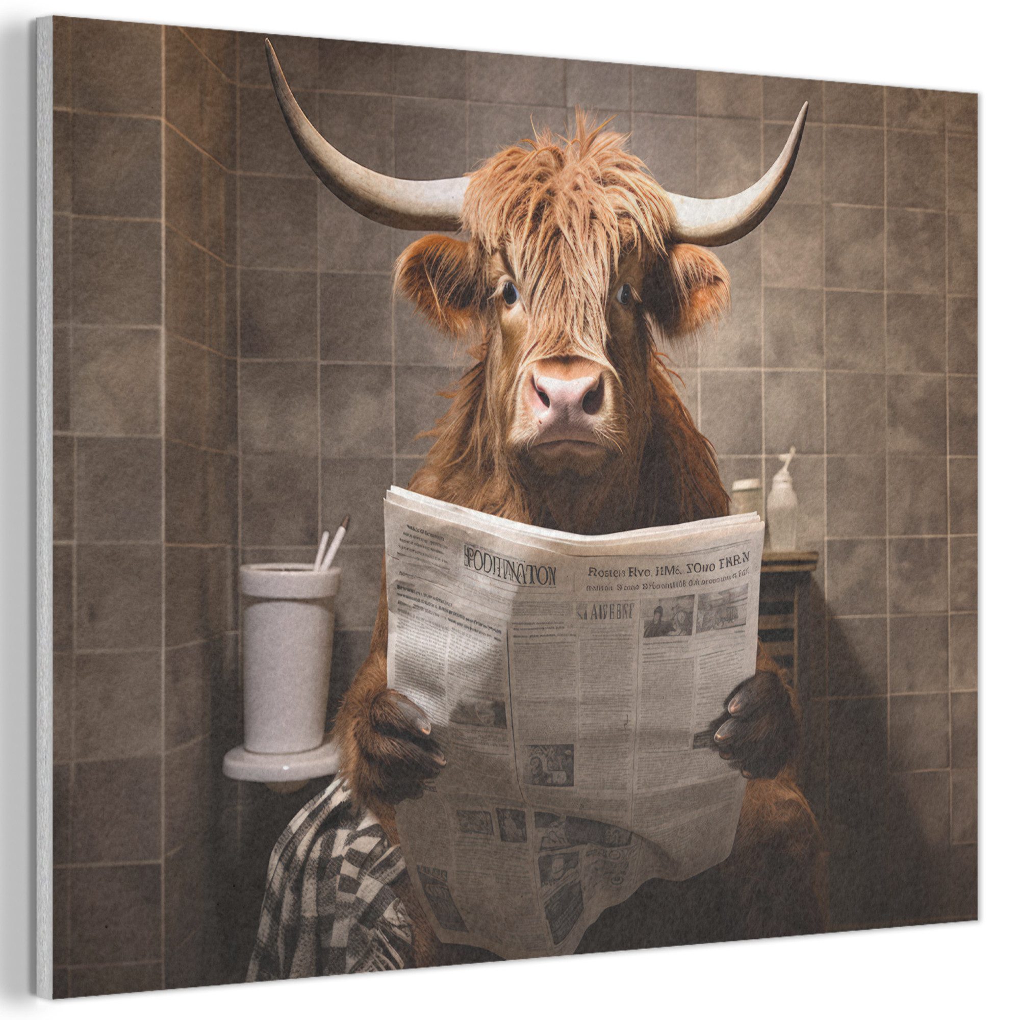 MuchoWow Gemälde Schottische Highlander - Zeitung - Toilette, Fotodruck (1 St), Akustikpaneele PET-Filz, Akustikbild, Schalldämmung, Deko 40x30 cm